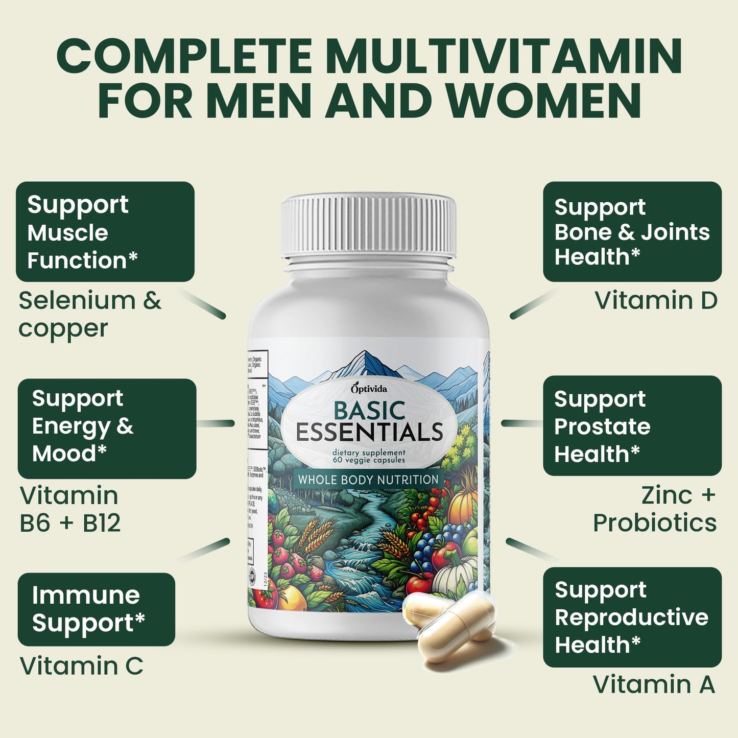 OPTIVIDA Organic Whole Food Multivitamin for Men & Women with Probiotics & Antioxidant Blends, Capsule, 60 Count
