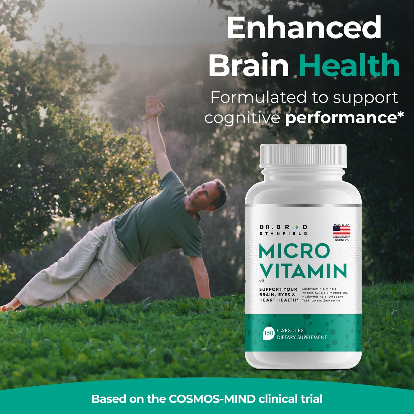 Dr Brad Stanfield Daily Low Dose Multivitamin & Mineral for Men & Women to Support Cognitive Performance & Memory + Hyaluronic Acid for Skin Health + TMG for Exercise Capsules 150 Count