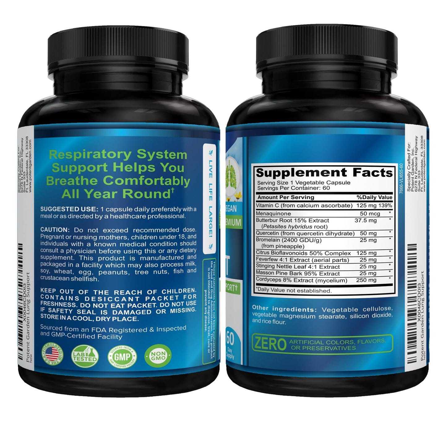 Potent Garden Lung Support Supplement with Vitamin C, Quercetin & Herbal Blend – Respiratory Wellness Formula for Breathing Support & Lung Health, 60 Capsules