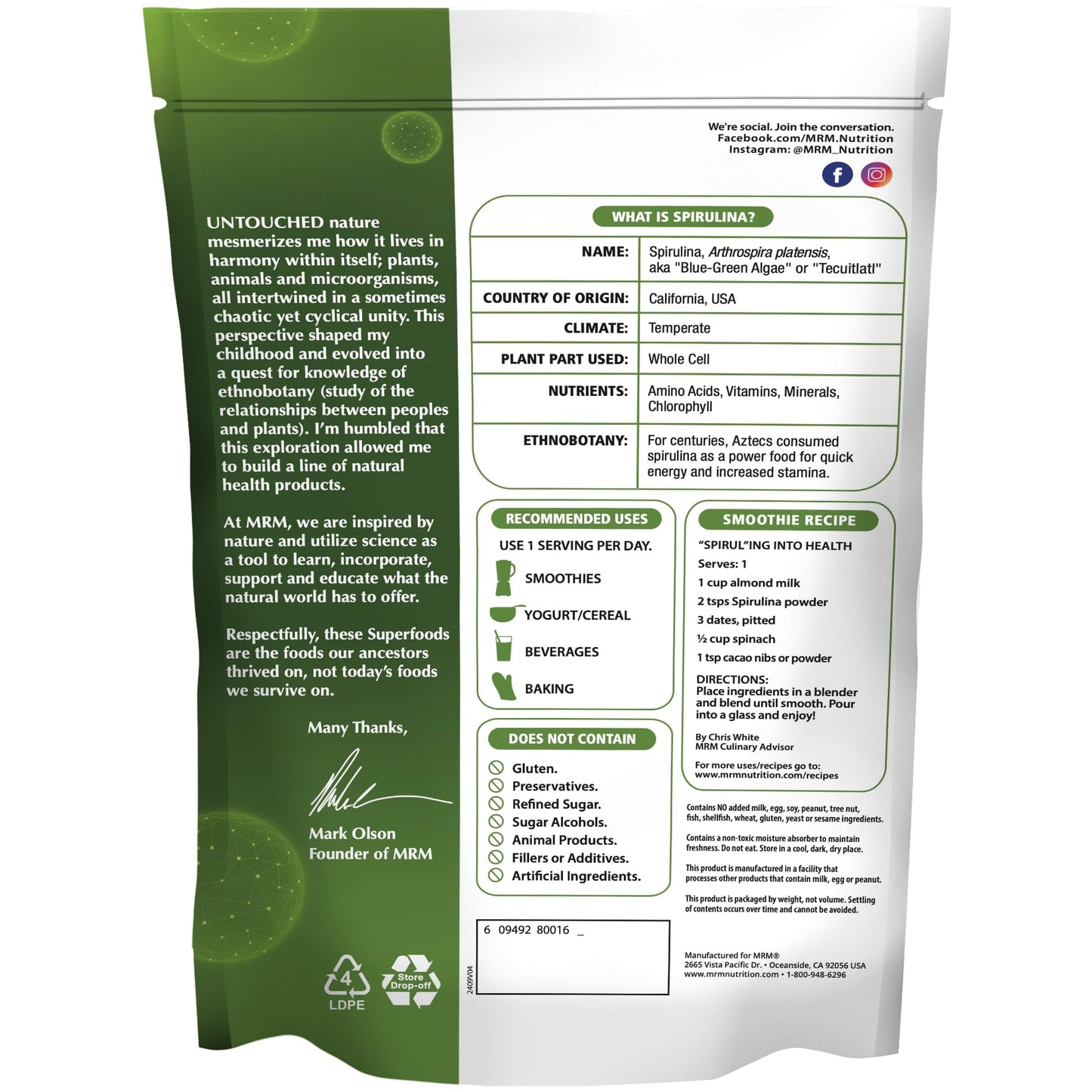 MRM Organic Spirulina Powder 8.5 Ounce