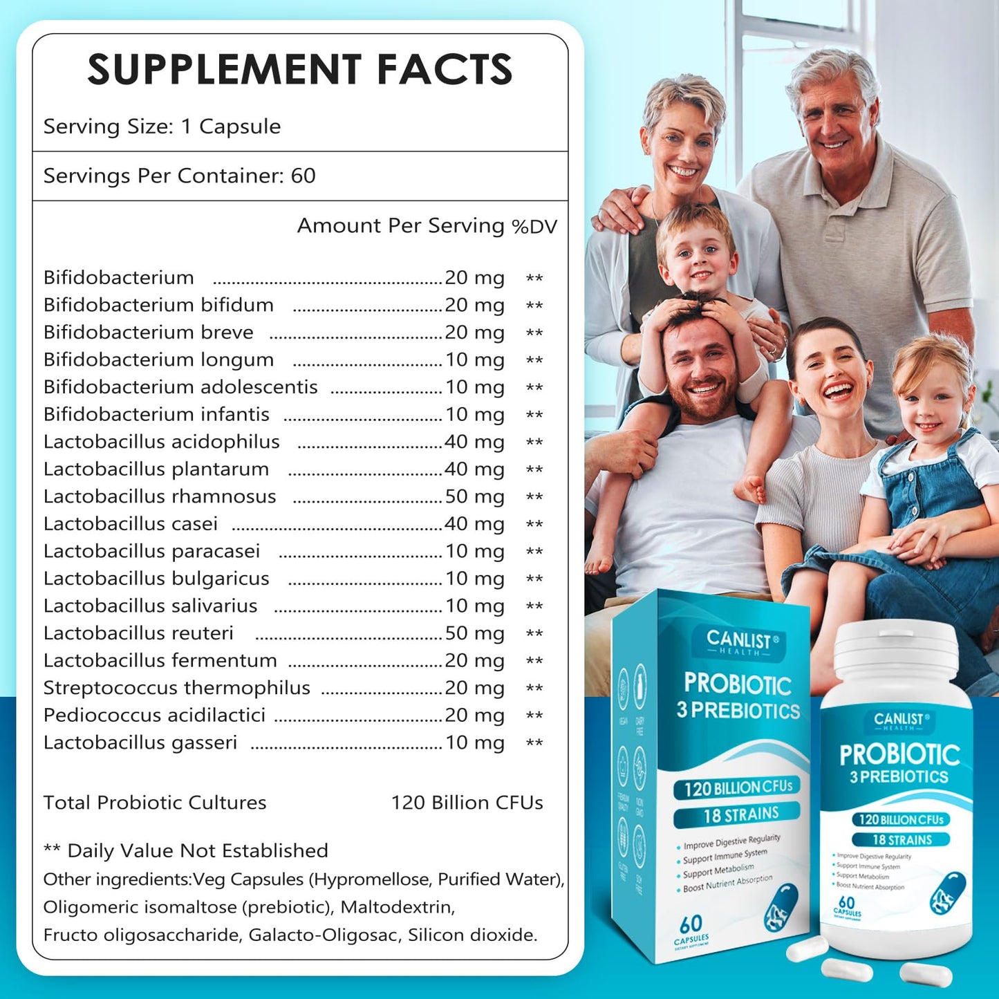 CANLIST Probiotics 120 Billion CFUs 18 Strains, 3 Prebiotics & Digestive Enzymes for Men Women,Digestive & Immune Support,Shelf Stable Non-GMO 60 Capsules