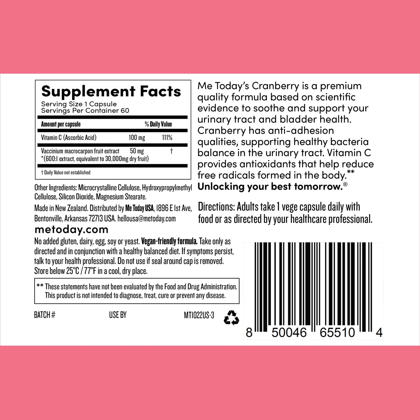 Me Today Cranberry 30,000mg with Vitamin C – Urinary Tract Health Support, Immune Boost, Vegan Supplement – High Potency Cranberry Pills for Women and Men Capsule, 1 Count