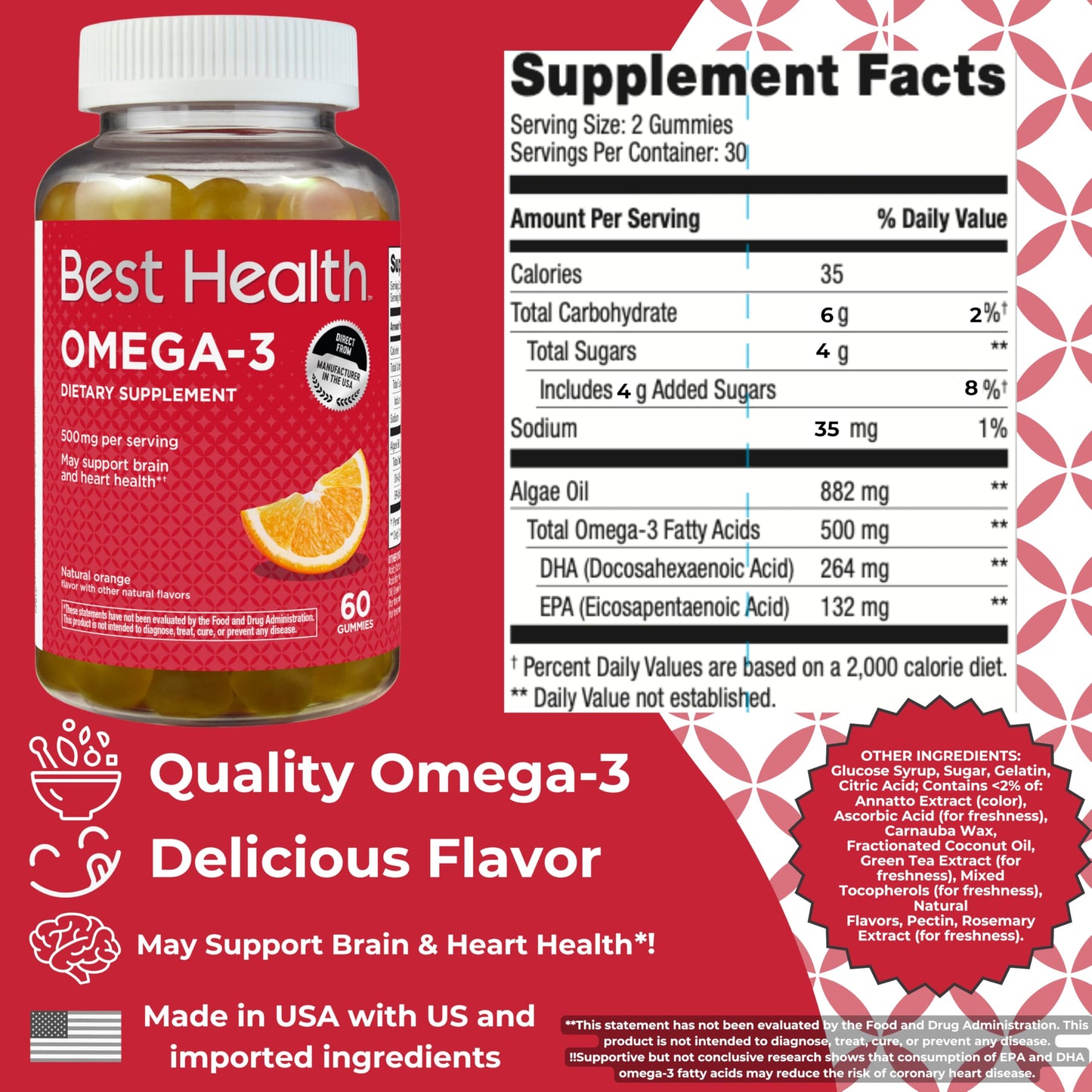 Best Health Omega-3 Gummies Made from Algae, 500mg per Serving, Natural Orange Flavor, 60 Count