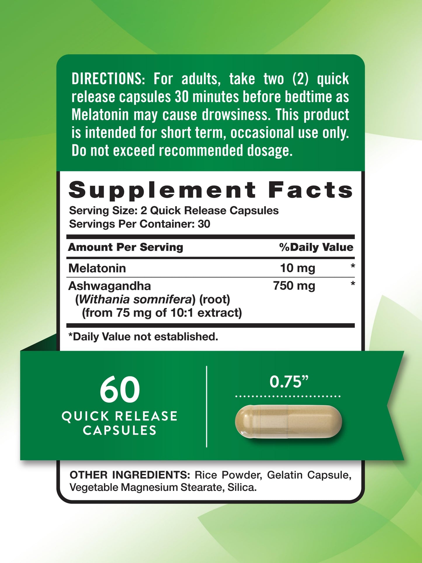 Nature's Truth Melatonin 10mg with Ashwagandha Capsules, 60 Count