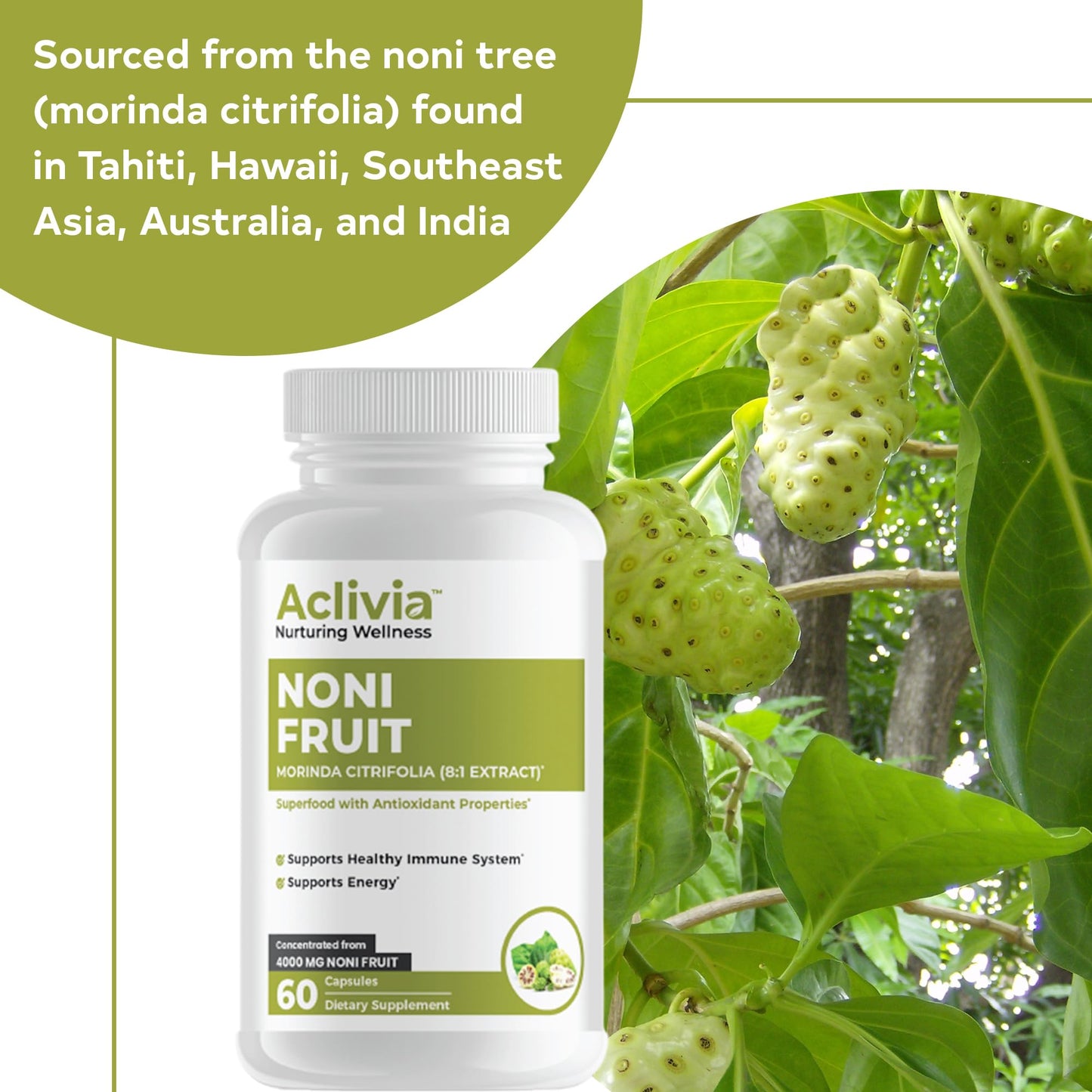Aclivia Hawaiian Noni Fruit 4000 mg Morinda Citrifolia Supplement, 60 Capsules