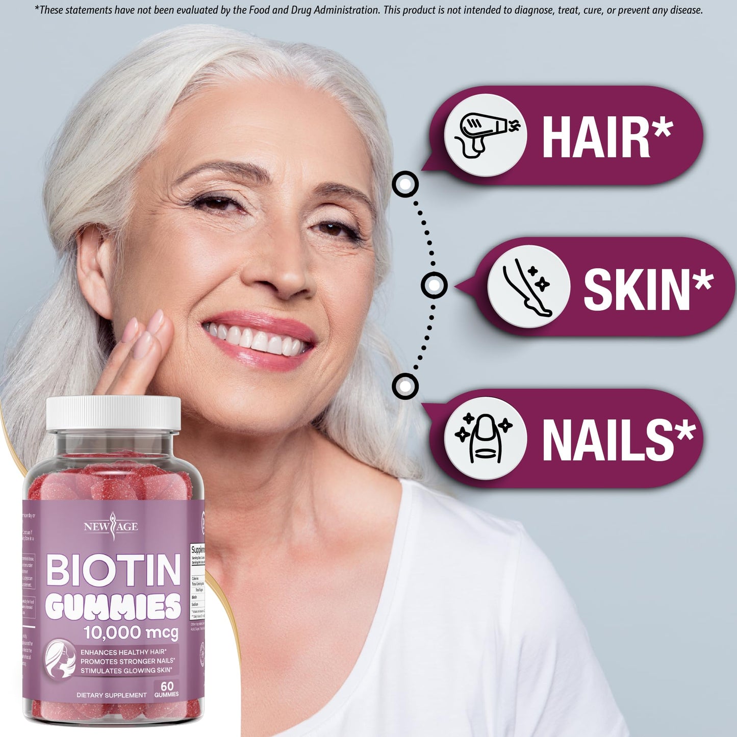 NEW AGE Biotin Gummies 10,000 mcg Non-GMO Hair, Skin & Nails – Made in USA, 120 Gummies