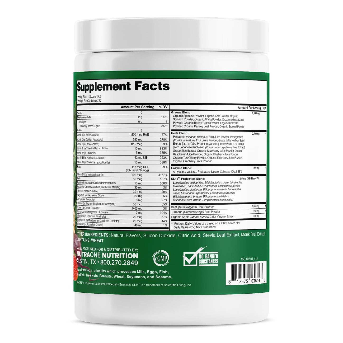 NutraOne Complete Superfoods, Greens & Reds Blend, Apple Cider Vinegar, Digestive Enzyme Blend, Probiotic Blend, Multivitamin (Pineapple Strawberry - 30 Servings) Cannister Pineapple Strawberry Powder 9.31 Ounce