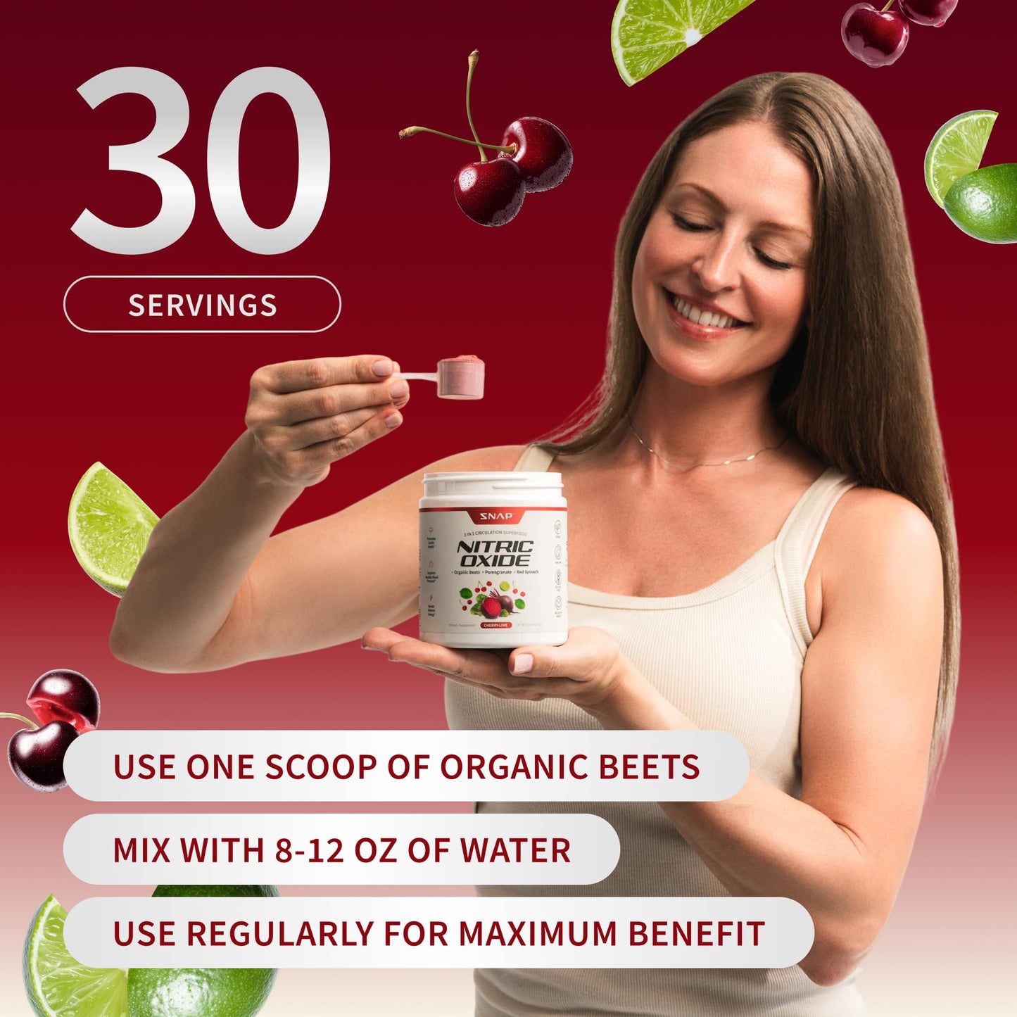 Snap Supplements Organic Beet Root Powder Nitric Oxide Supplement with Pomegranate & Red Spinach, Cherry Lime, 8.8 Ounce