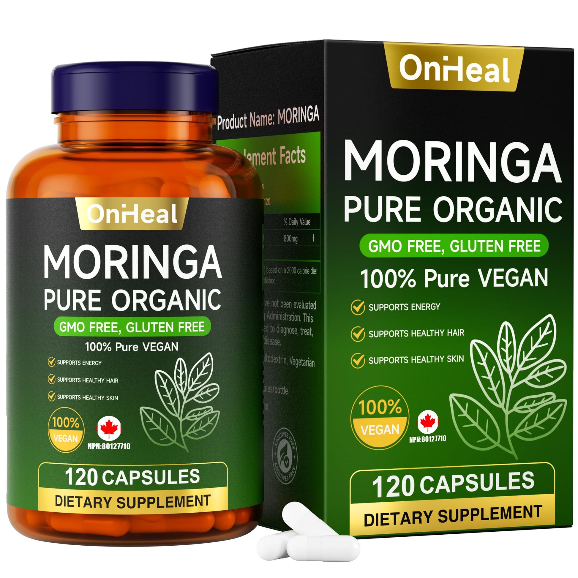 YBFQ Organic Moringa Capsules 1000 mg, 120 Count