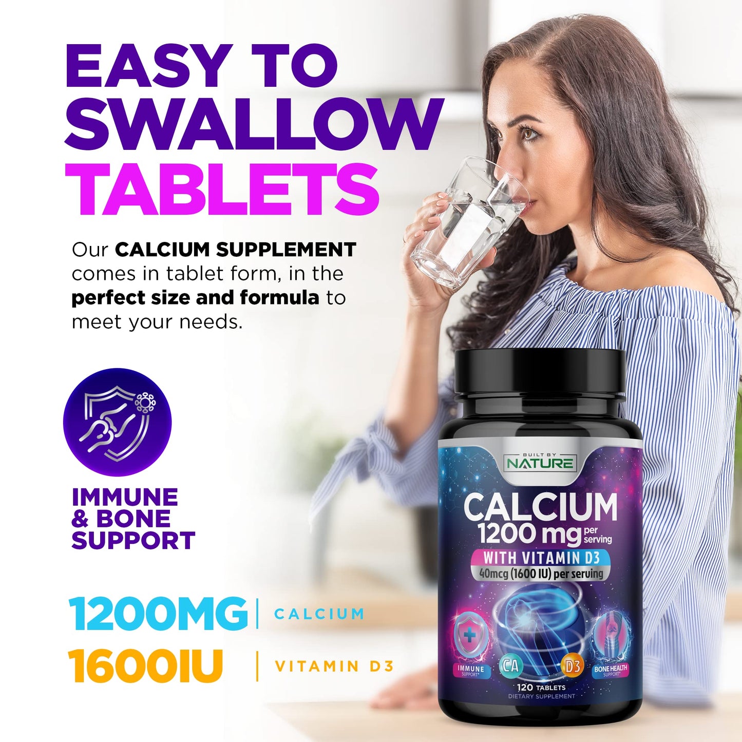 Built by Nature Calcium 1200mg with Vitamin D3 for Best Absorption Tablet, 120 Tablets