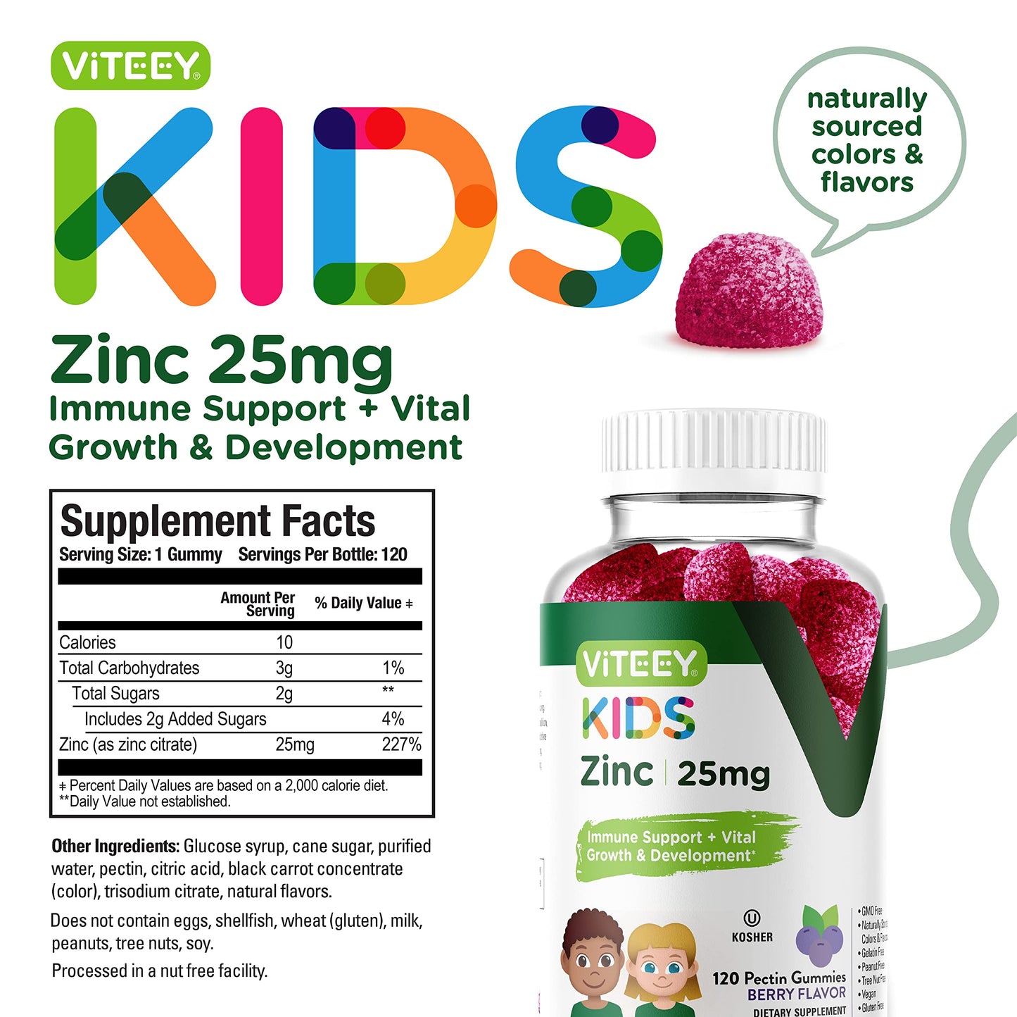 Viteey Zinc for Kids 25mg Gummy, 120 Count