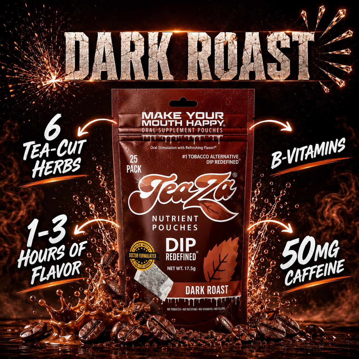 TeaZa Energy Pouches Dark Roast Chewables 25 Count