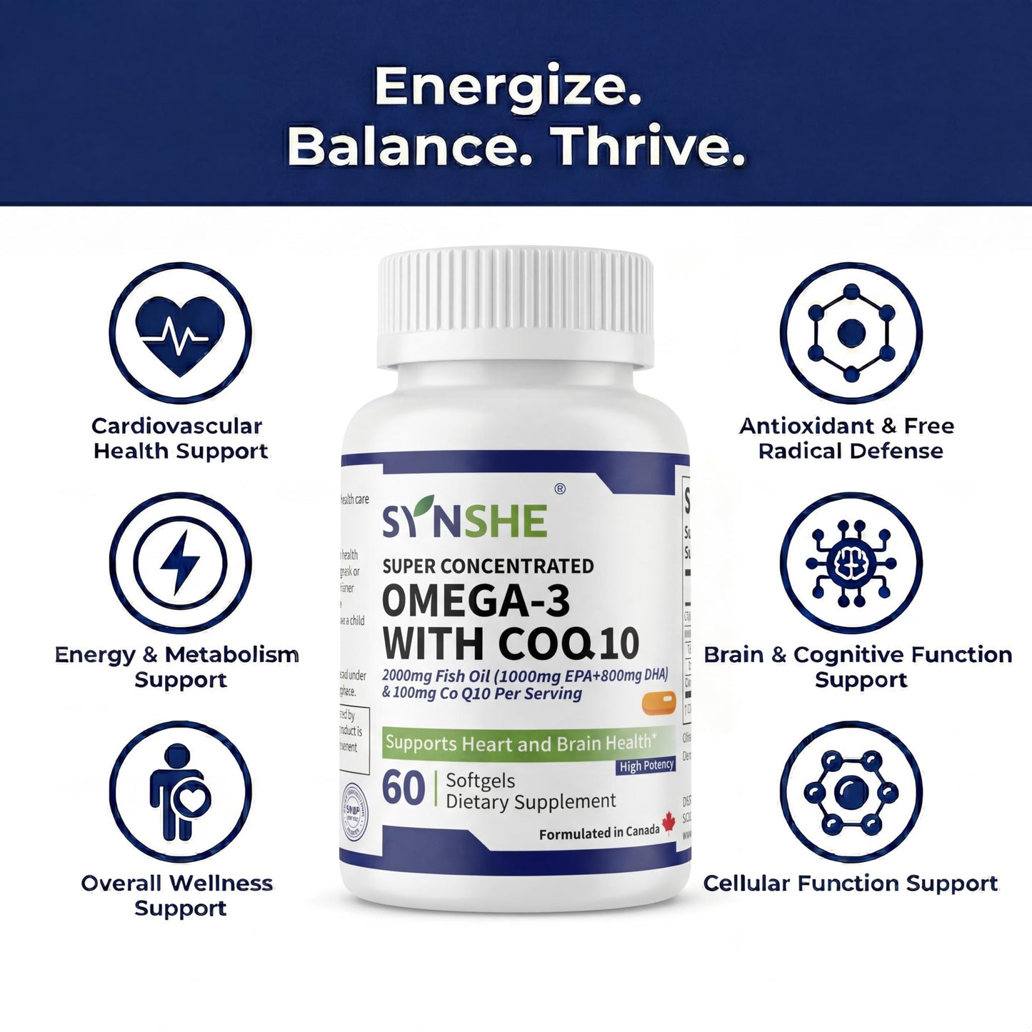 SYNSHE Omega 3 Fish Oil with CoQ10 Softgel, 60 Count