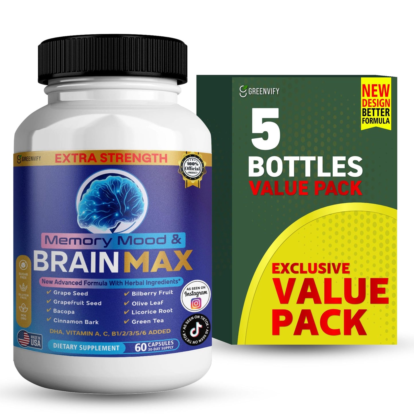 GREENVIFY Memory, Mood & Brain Max Extra Strength Supplement with Herbal Ingredients, 60 Capsules