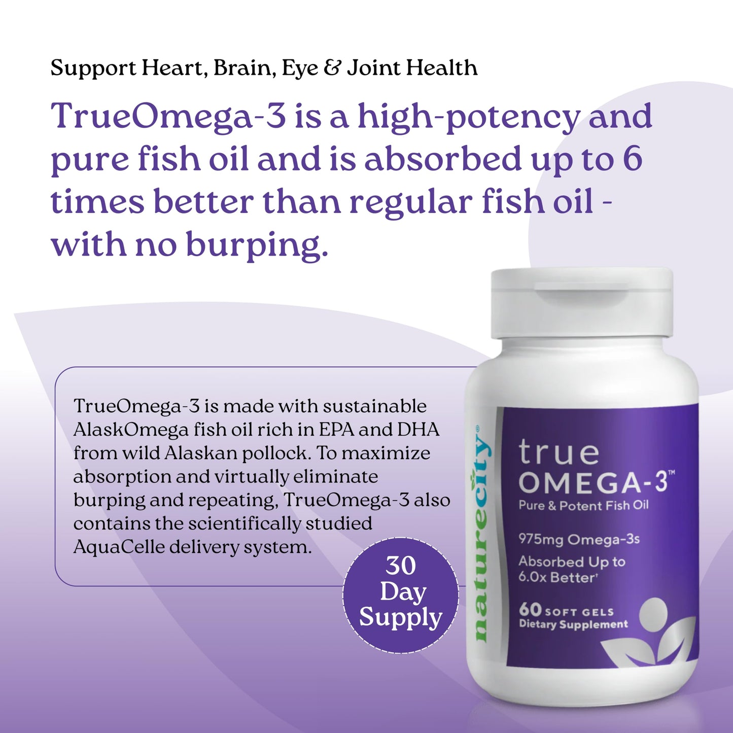 NatureCity True-Omega-3 975mg Omega-3 Fish Oil Supplements with Enhanced Absorption from AquaCelle for Heart, Brain & Joint Support Softgels 60