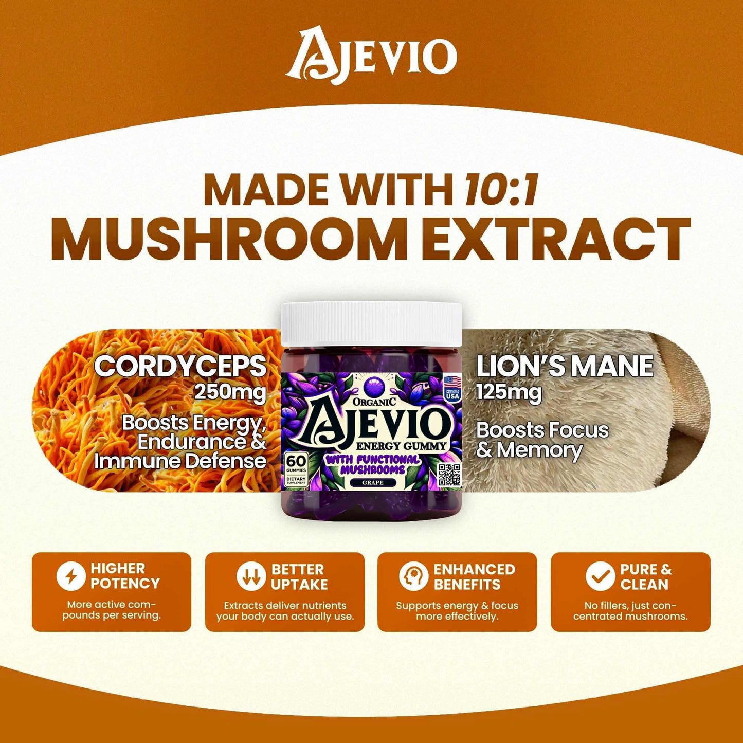 AJEVIO Mushroom Focus & Energy Gummy 60 Count