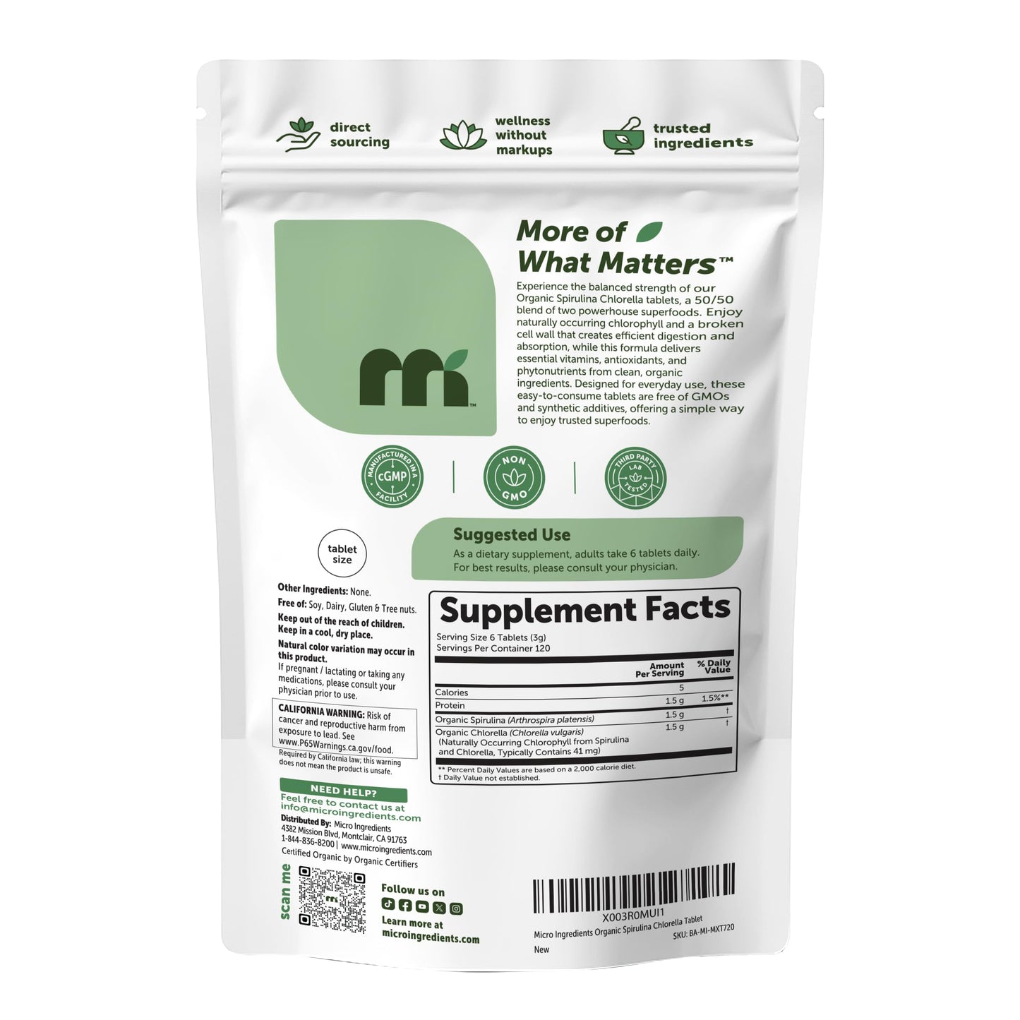 Micro Ingredients Organic Spirulina Chlorella Tablets, 720 Tablets