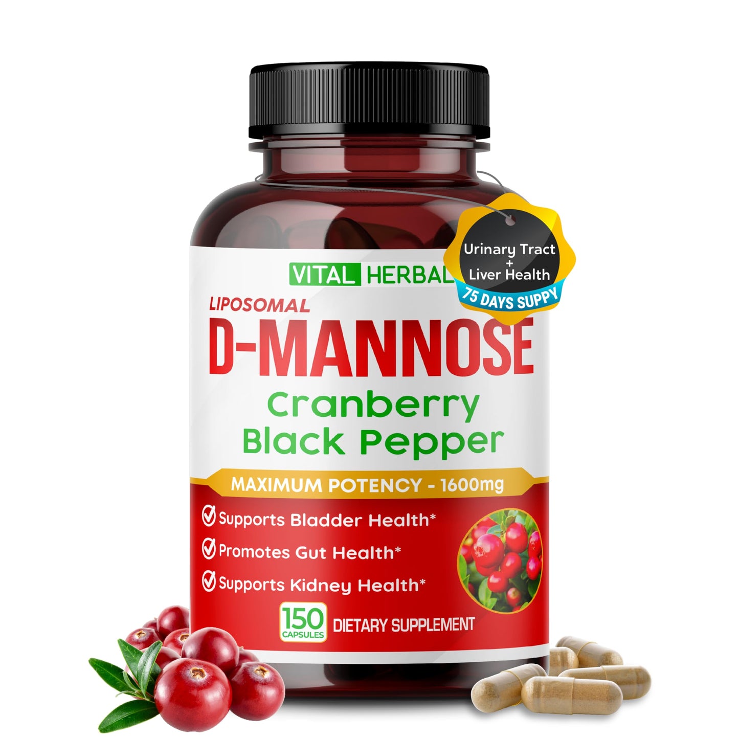 VITAL HERBAL Liposomal D-Mannose with Cranberry & Black Pepper – High Absorption Formula – Supports Urinary Balance, Digestive Comfort & Daily Wellness Capsules, 150 Count