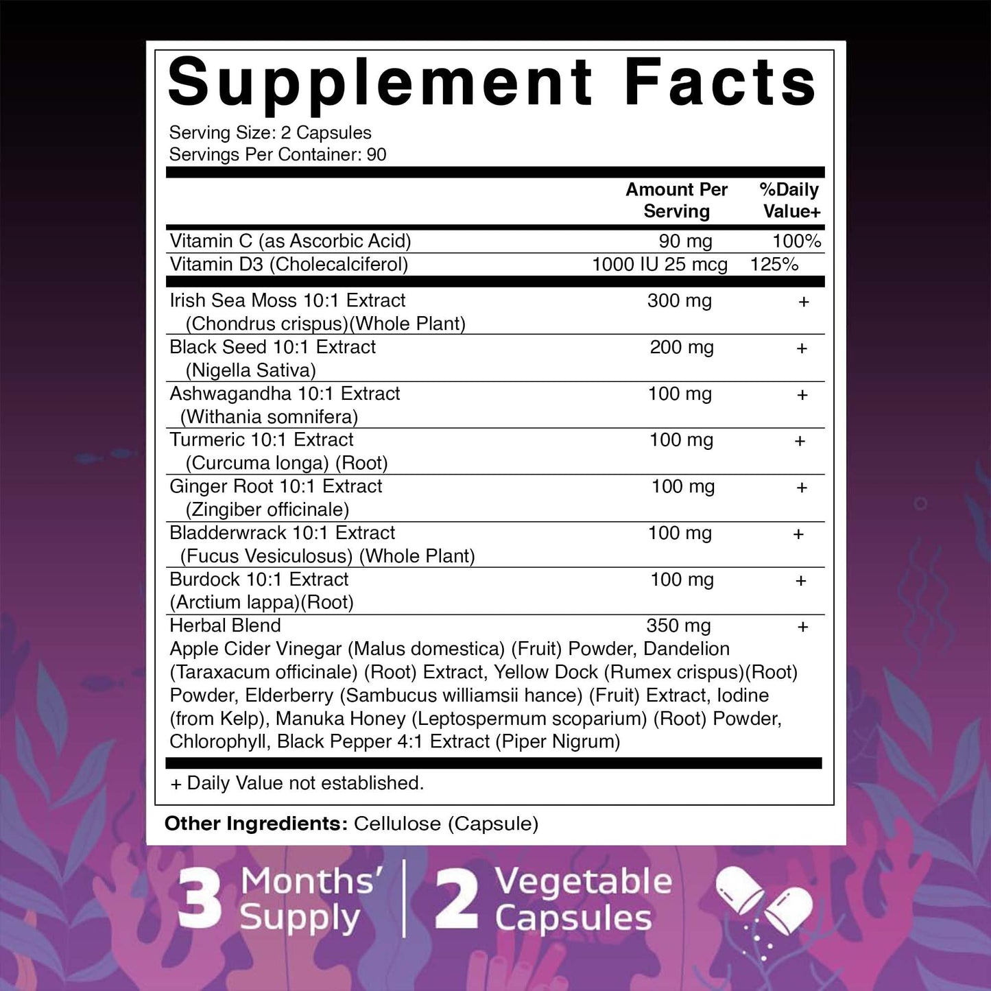 Vitamatic Sea Moss with Black Seed Oil, Ashwagandha, Turmeric, Bladderwrack & Burdock Concentrated Botanical Extract Plant-Based Capsules, 180 Count
