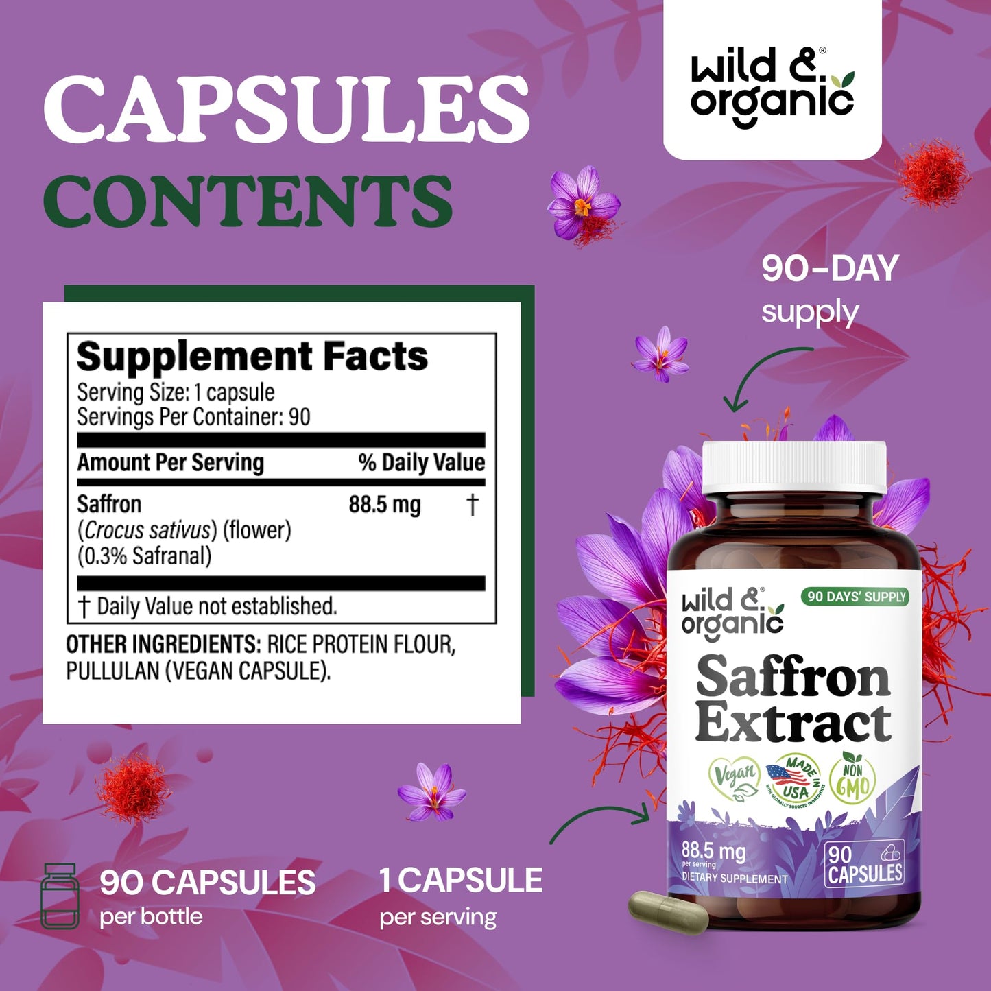 Wild & Organic Saffron Extract Capsules 88.5 mg 90 Count