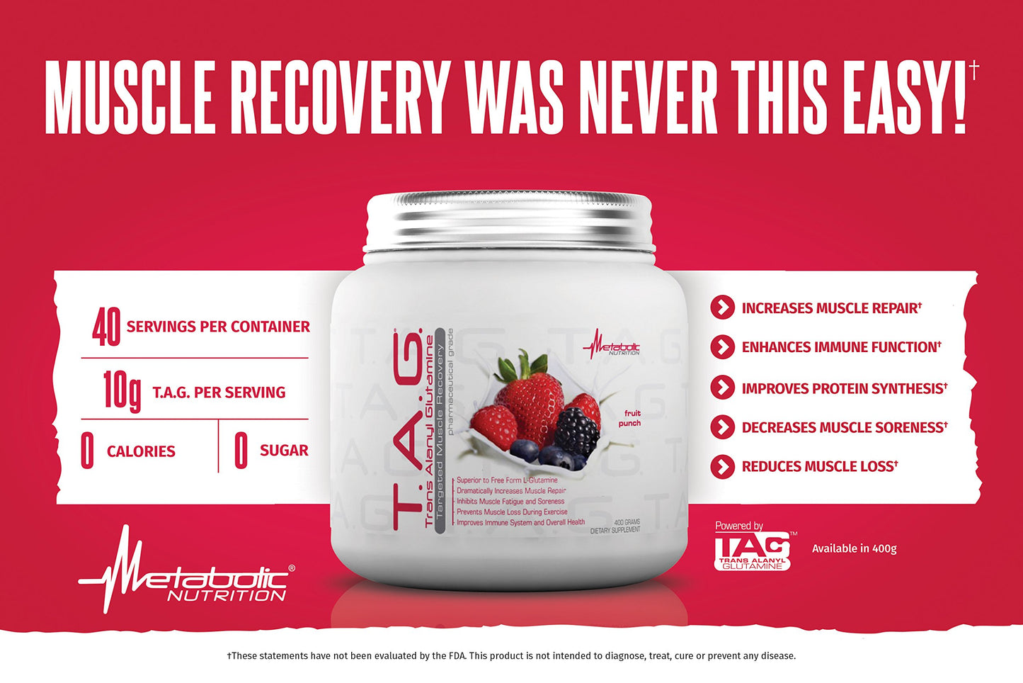Metabolic Nutrition TAG Trans Alanyl Glutamine 100% L-Glutamine Peptide Powder, 14.1 Ounce