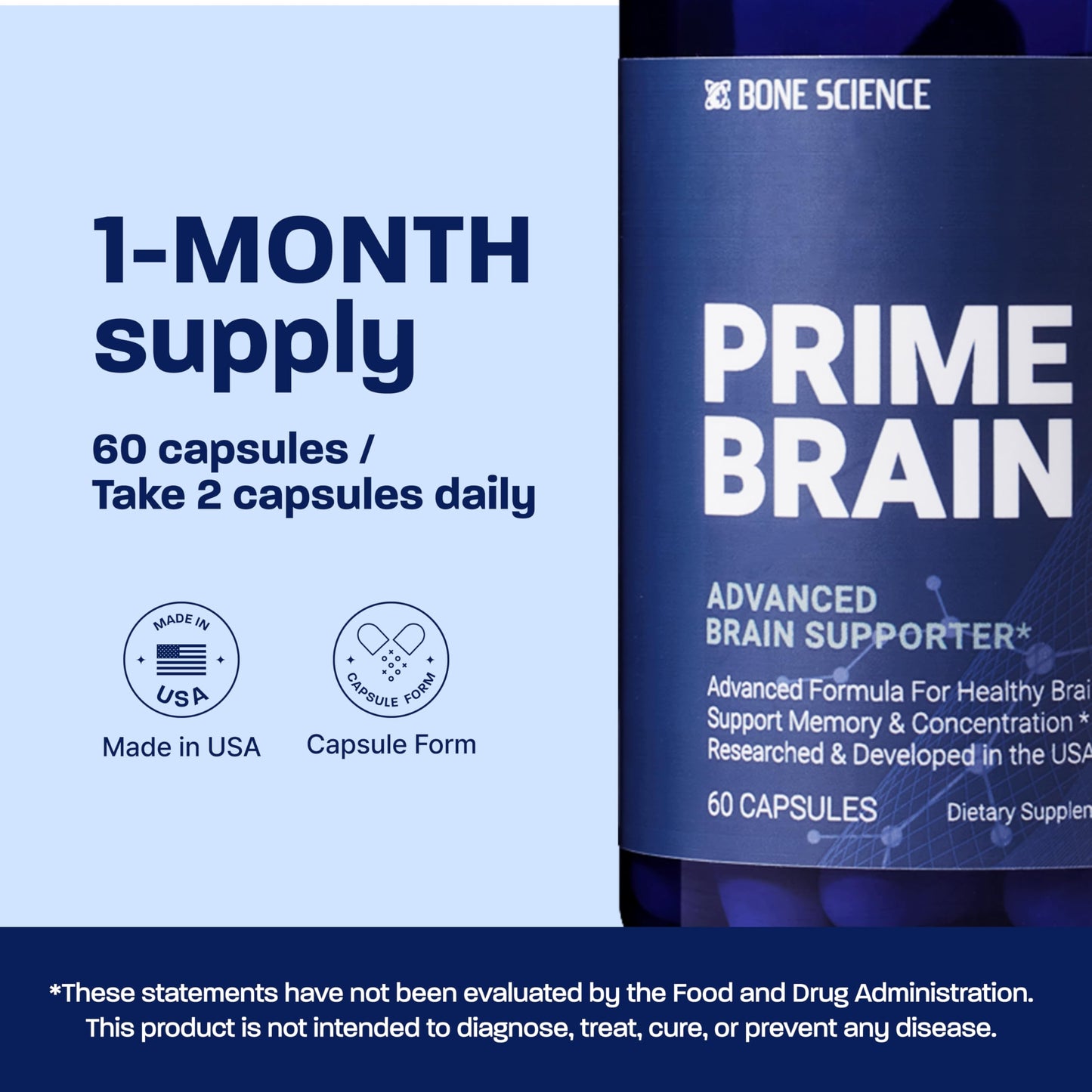 BONE SCIENCE Prime Brain Memory & Focus Support, 60 Capsules
