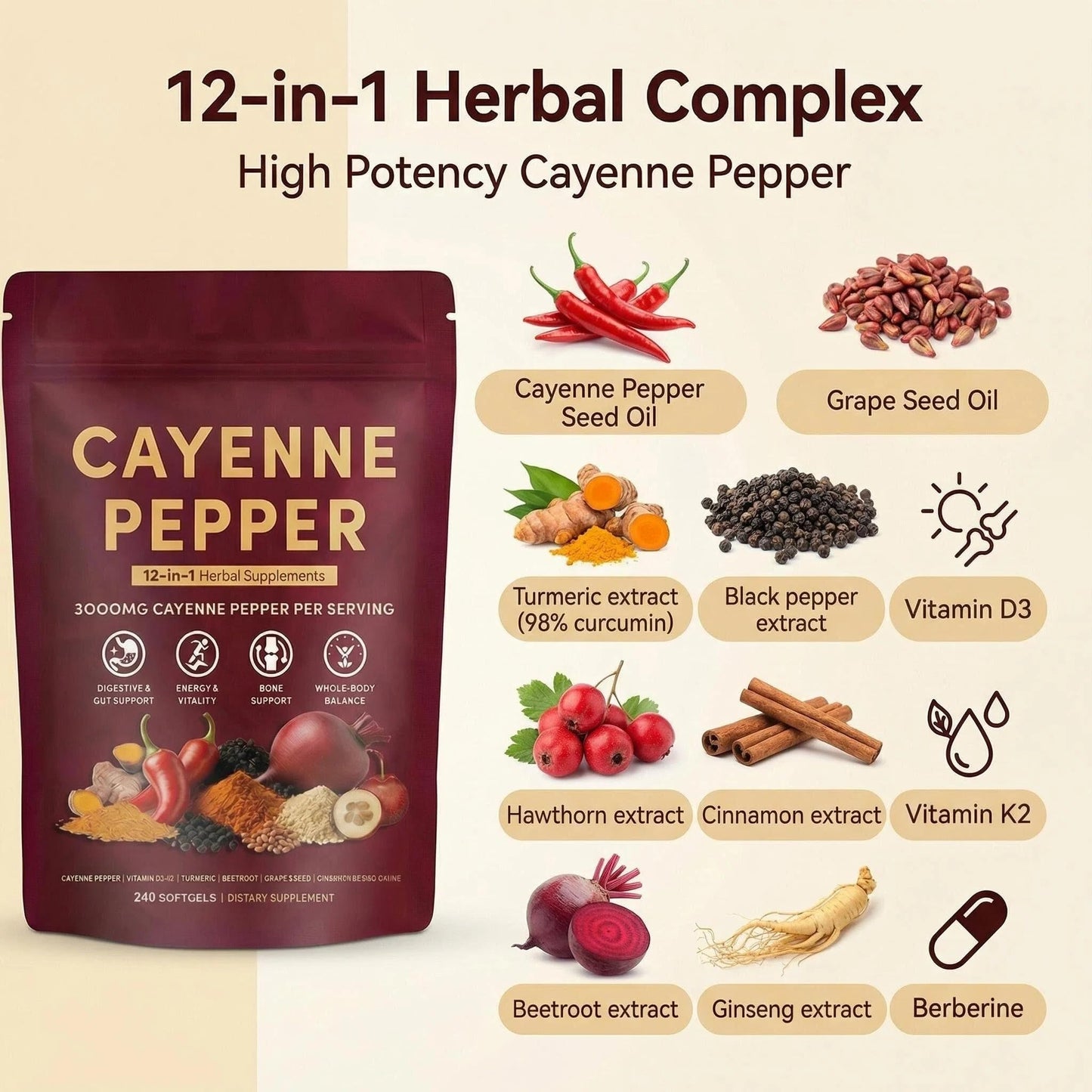 Biduka Cayenne Pepper 3000mg 12-in-1 Herbal Supplement with D3, K2, Turmeric, Ginger Softgels 240