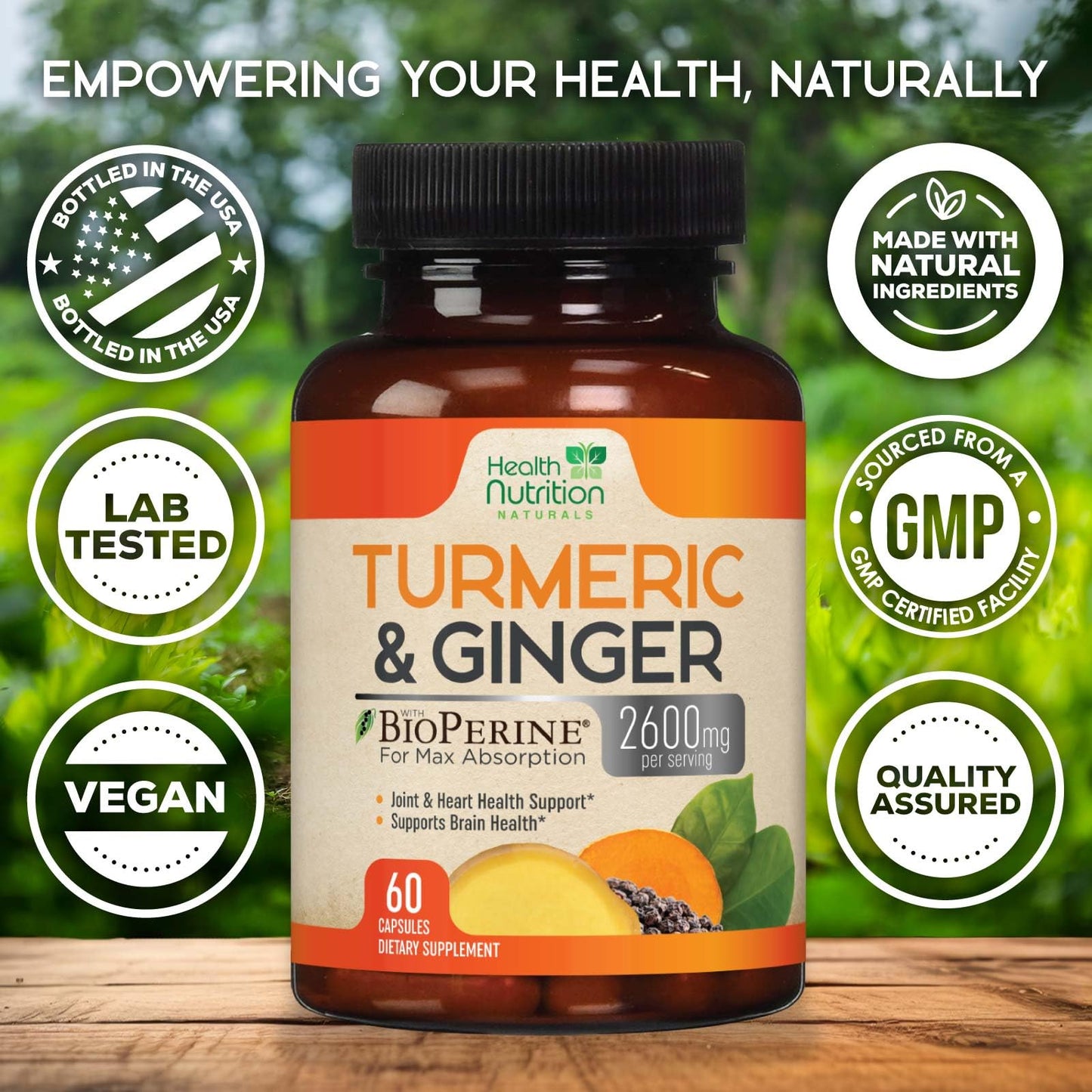 Health Nutrition Naturals Turmeric Curcumin Supplement - 2200mg, 95% Curcuminoids, 60 Capsules
