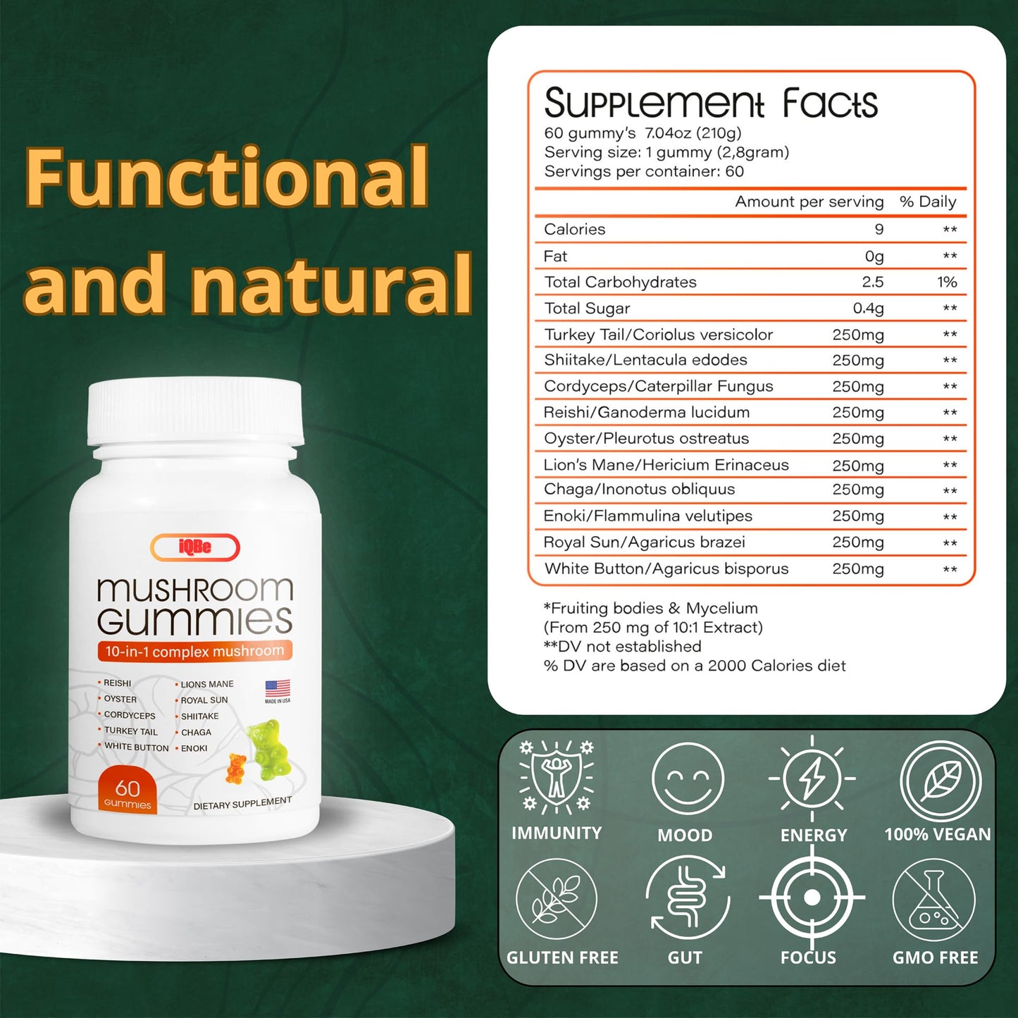 iQBe Mushroom Gummies 10-in-1 Complex with Lion’s Mane, Chaga, Reishi, Cordyceps & More 120 Gummies