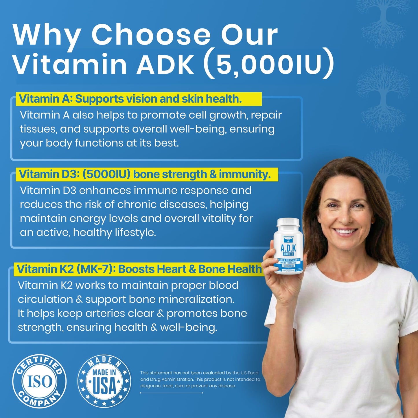 LifeStrength ADK 5 Vitamin A, D3 & K2 Capsules 90 Count