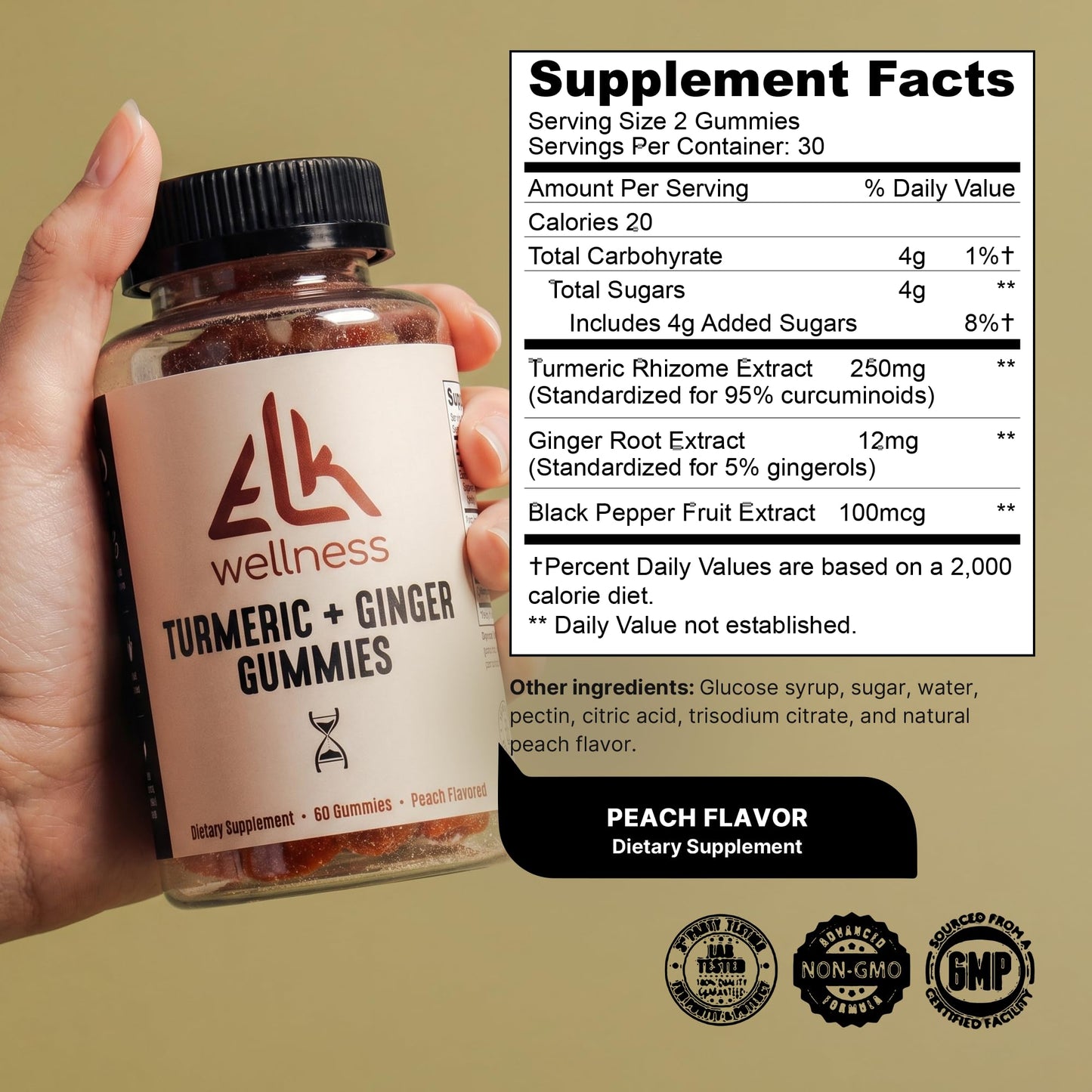 ELK Wellness Turmeric Curcumin Ginger Gummies with Black Pepper, 60 Count
