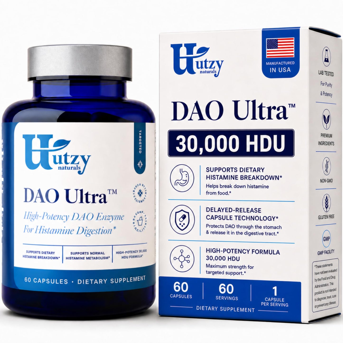 Utzy Naturals DAO Ultra Diamine Oxidase Enzyme Supplement 30,000 HDU Histamine Intolerance & Food Sensitivity Support, Delayed-Release DRcaps, Third-Party Tested, 60 Capsules