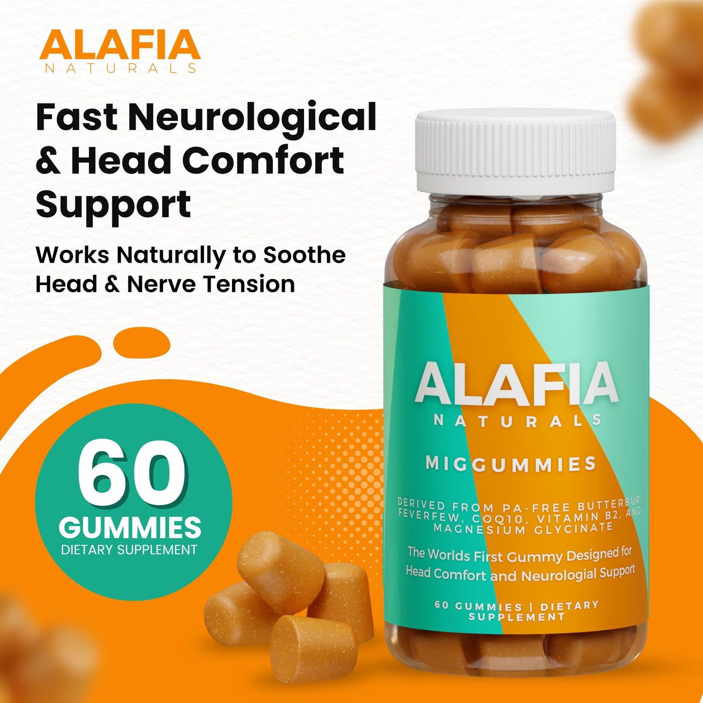 Alafia Naturals Miggummies World's First Cranial Comfort and Support Gummy Magnesium Glycinate, Butterbur, Feverfew, CoQ10, Vitamin B2 400mg Riboflavin 400mg, 60 Count