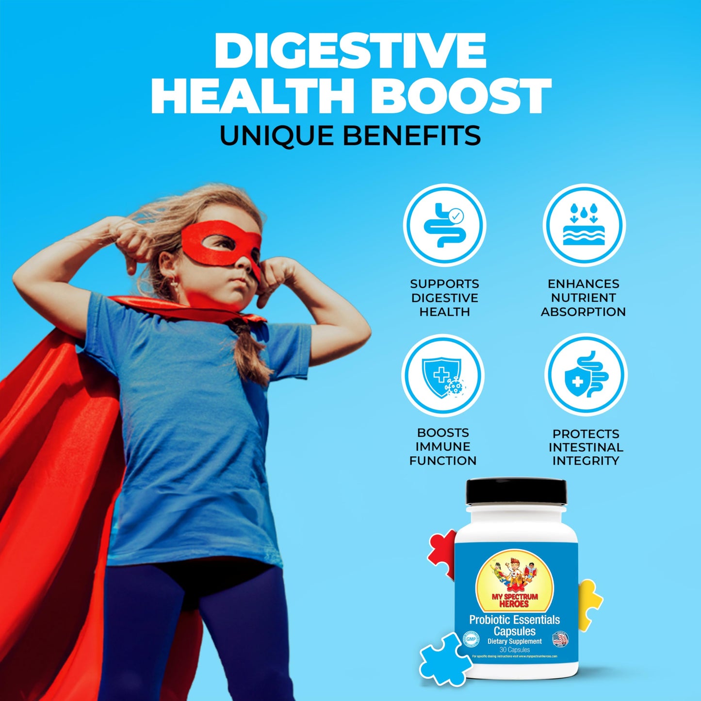 My Spectrum Heroes Probiotic Capsules for Digestive Health with 20 Billion CFUs, Diverse Strains, 30 Capsules