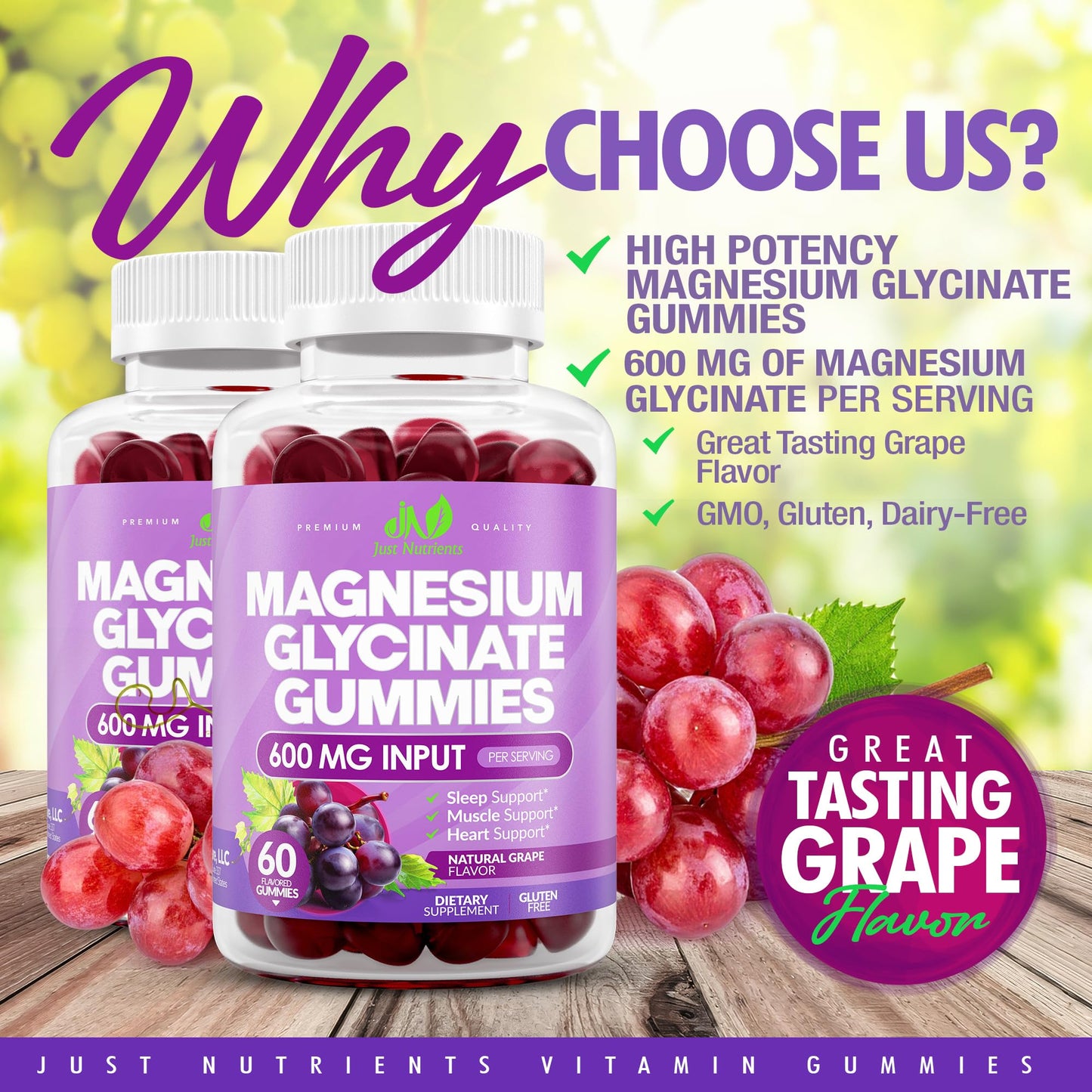 Just Nutrients Magnesium Glycinate 600mg Gummies, 60 Count