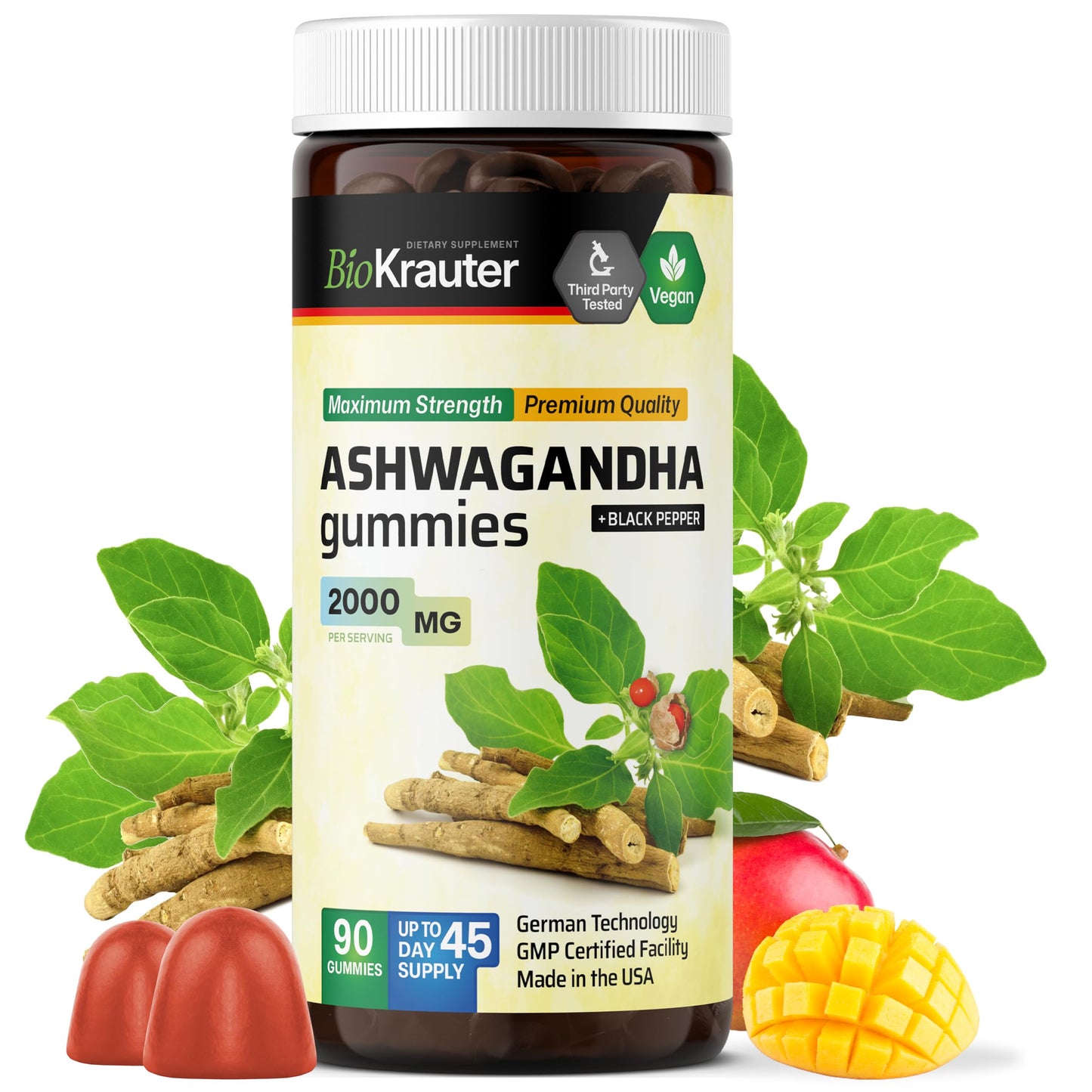 BIO KRAUTER Ashwagandha Gummies for Mood & Relaxation Support 2000 mg, 90 Count