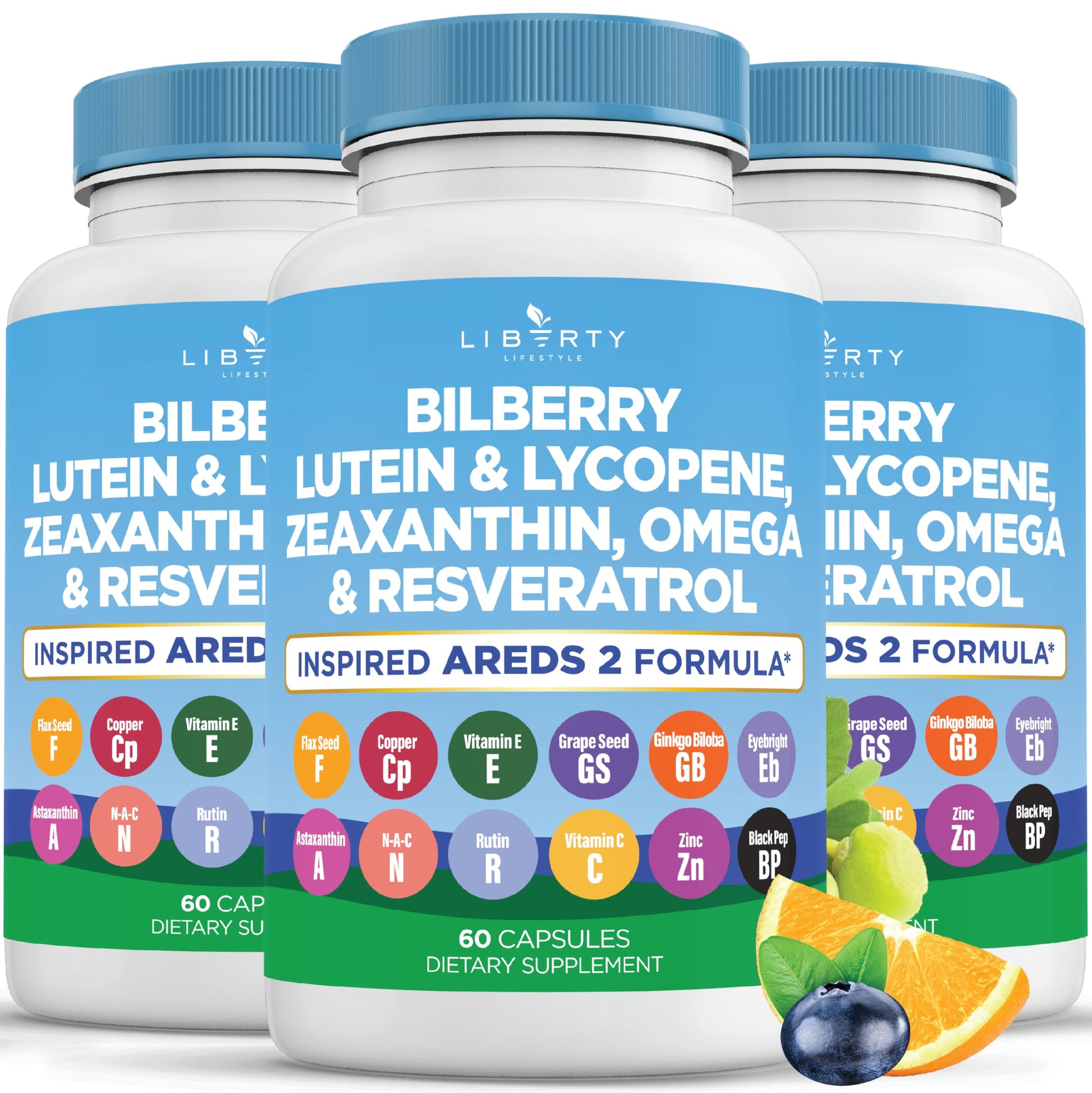 Liberty Lifestyle Eye Health Vitamins with Bilberry, Lutein & Zeaxanthin, Lycopene, Resveratrol, Grape Seed Extract Flaxseed Astaxanthin- AREDS 2 Capsules 180