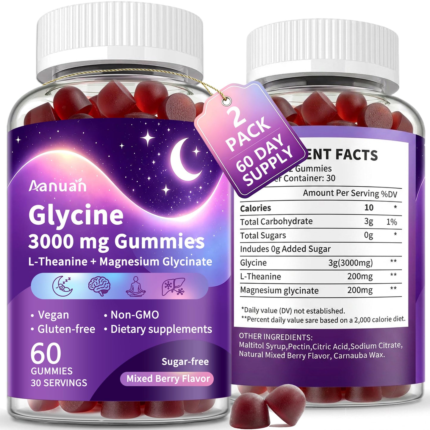 Aanuan Glycine Gummies with L-theanine & Magnesium Glycinate, 3g Glycine, Mixed Berry Flavor, Sugar Free, Vegan, Non-GMO, 120 Gummies