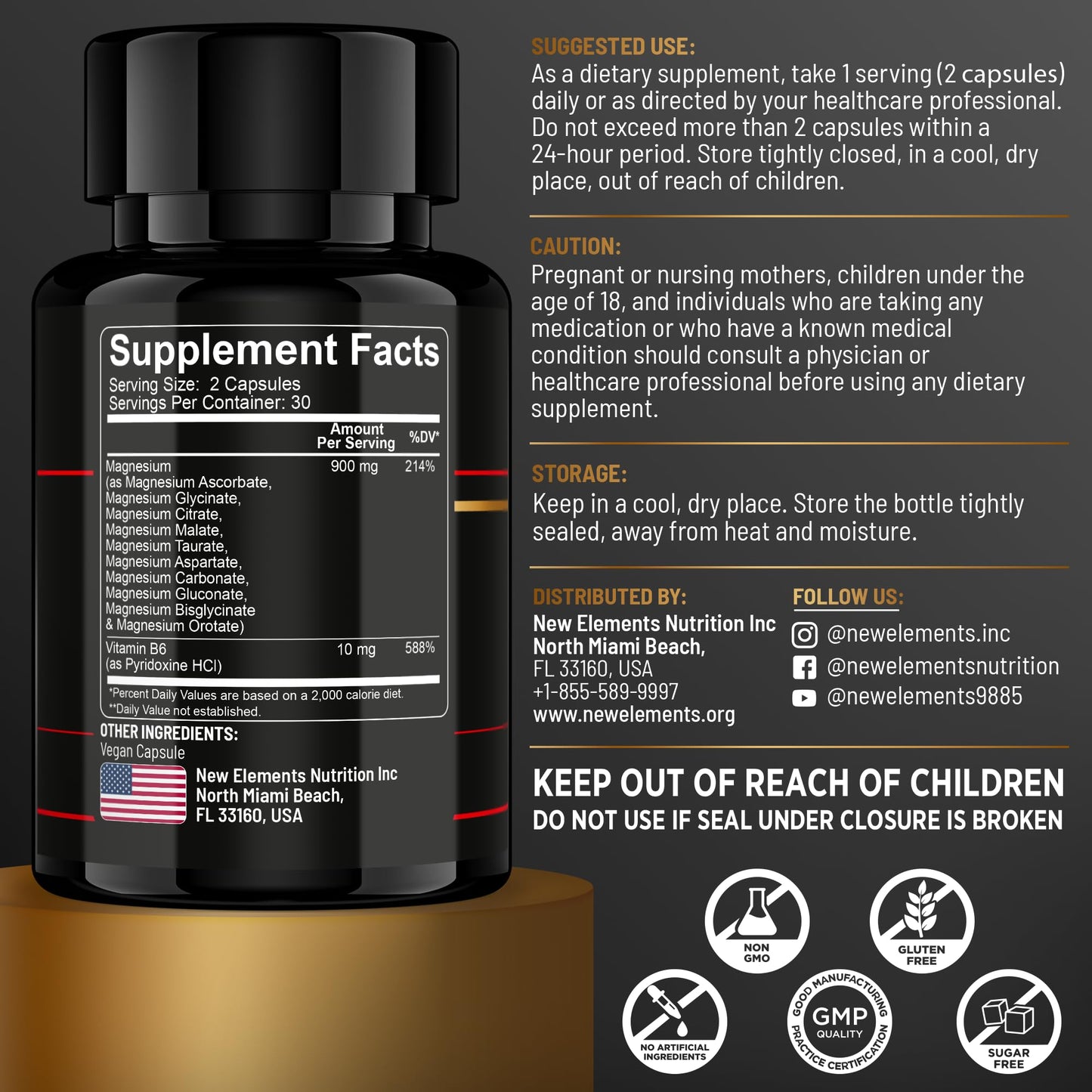 New Elements Magnesium 10X Complex – 900mg Elemental Magnesium | Glycinate, Gluconate, Malate, Orotate, Carbonate, Asparate, Taurate, Citrate, Bisglycinate, Ascorbate + Vitamin B6 for Superior Absorption Capsule, 60 Count