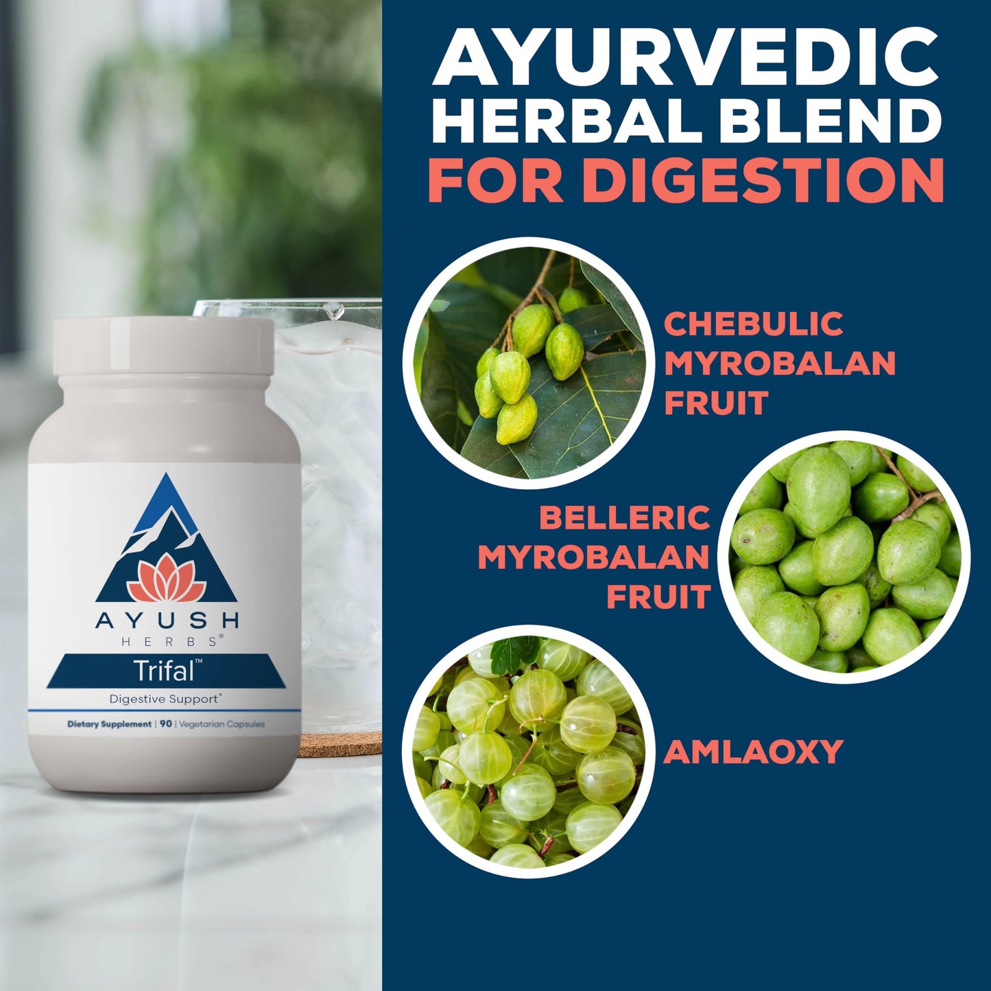 Ayush Herbs Trifal Digestive Support with Amla Triphala Capsule, 90 Count