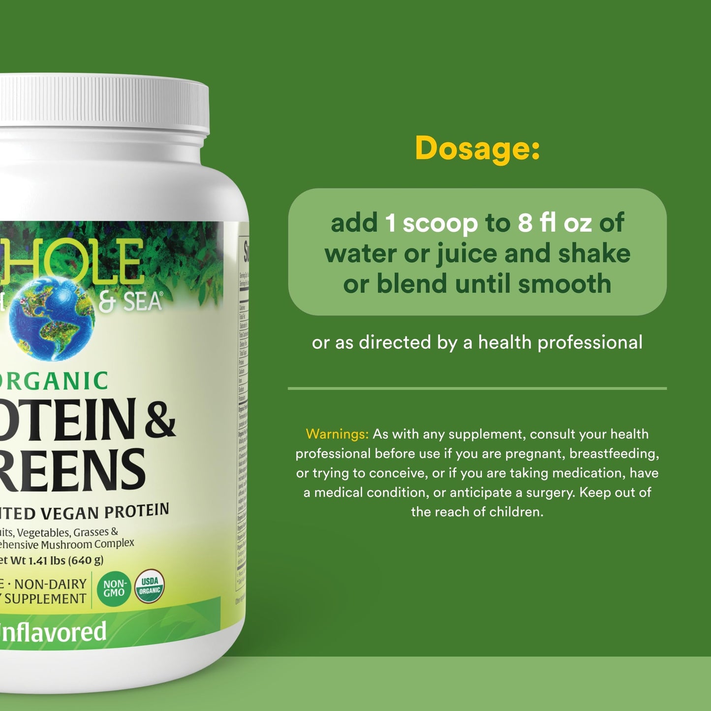 Natural Factors Whole Earth & Sea Organic Protein & Greens Plant-Based Protein for Healthy Energy Support Antioxidant Support Powder Unflavored 640 g