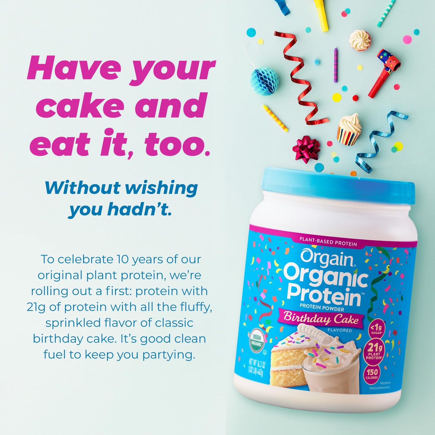Orgain Organic Vegan 21g Protein Powder Birthday Cake 16.3 oz