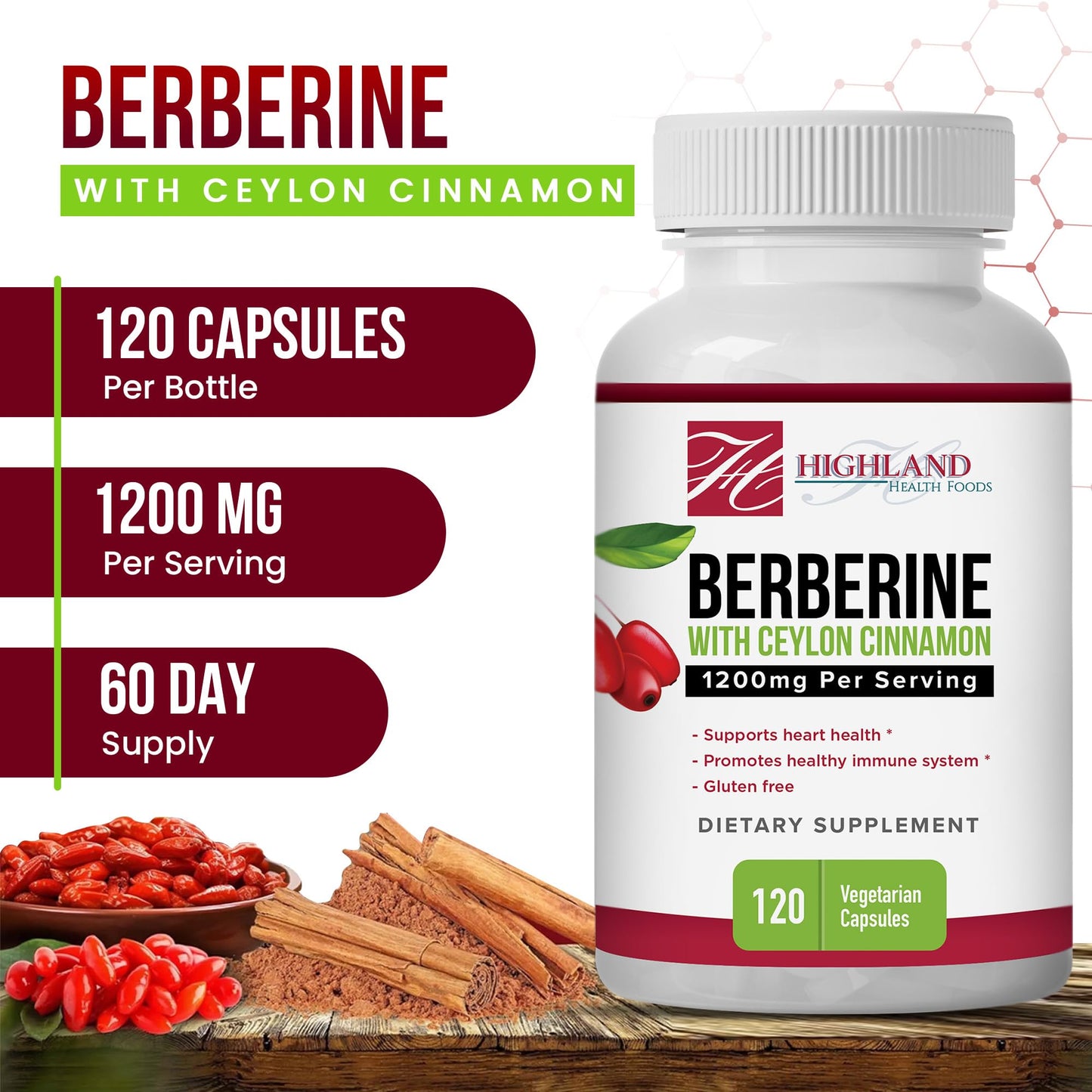 Highland Health Foods Berberine with Ceylon Cinnamon 1200 mg, Berberine HCL and Cinnamon for Blood Sugar and Metabolic Support, Capsules, 120
