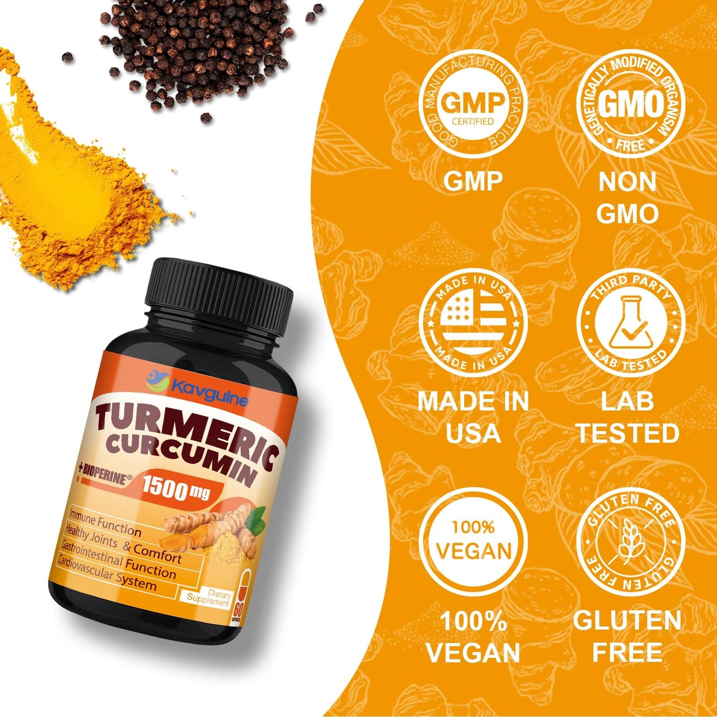 Kavguine Turmeric Curcumin Supplement with Black Pepper Capsule, 60 Veggie Capsules