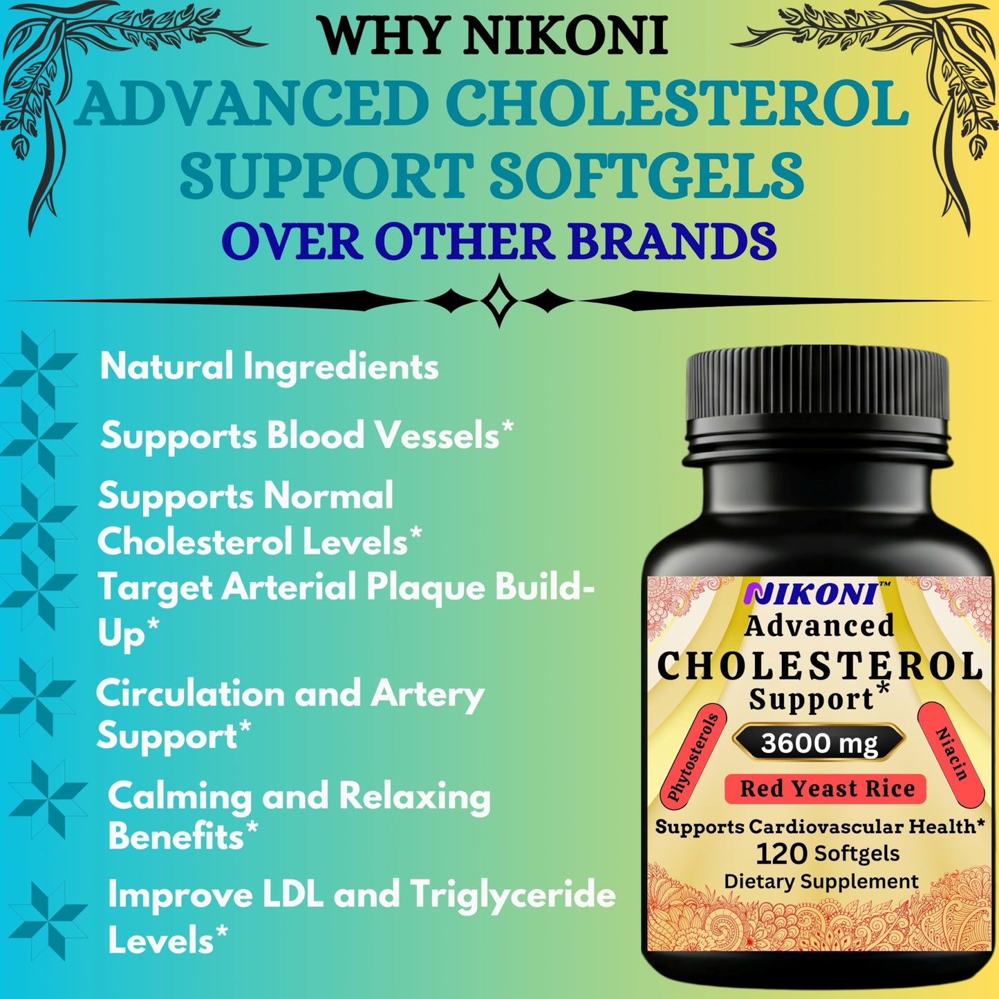 Nikoni Advanced Cholesterol Support 3600 mg Plant Sterols with 14-in-1 Supplement Softgels, 480 Softgels