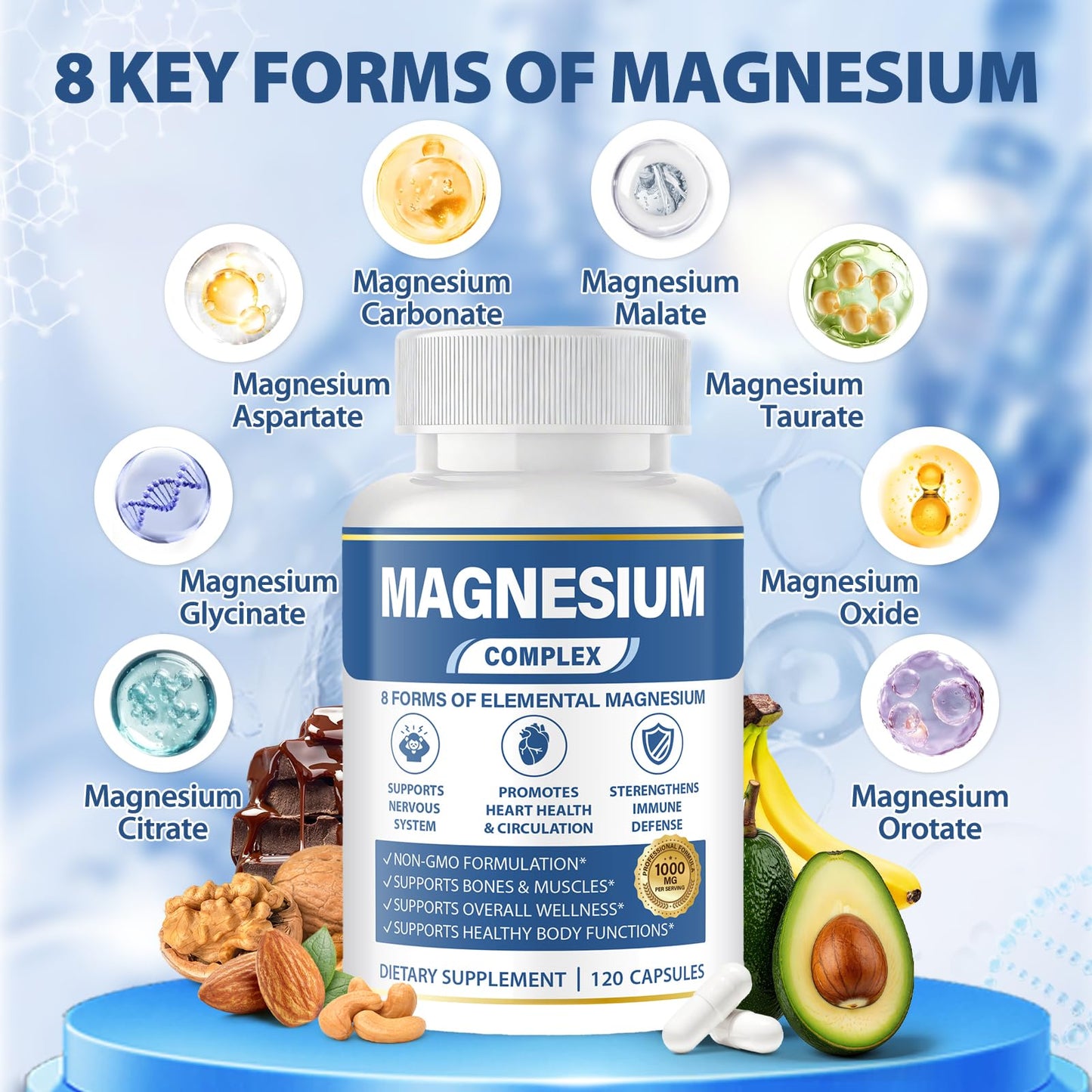 BOSNETHUINH Magnesium Complex 1000mg 8 in 1 for Women & Men – Magnesium Glycinate, Citrate, Malate, Taurate, Oxide, Carbonate, Aspartate, Orotate – Vegan Non-GMO, for Sleep, Fatigue & Heart Health, 120 Capsules