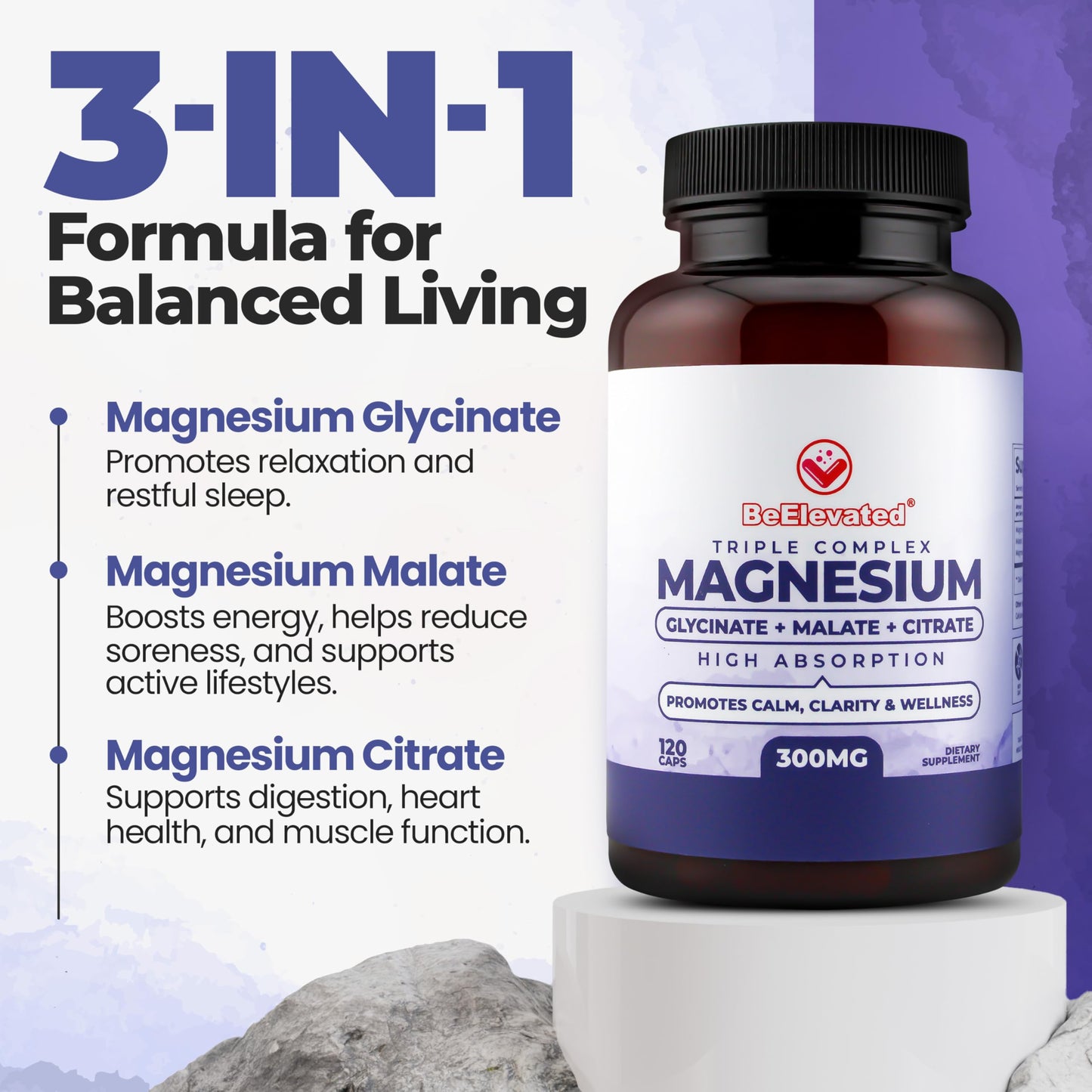 BeElevated High Absorption Triple Magnesium Complex Capsules, 120 Count