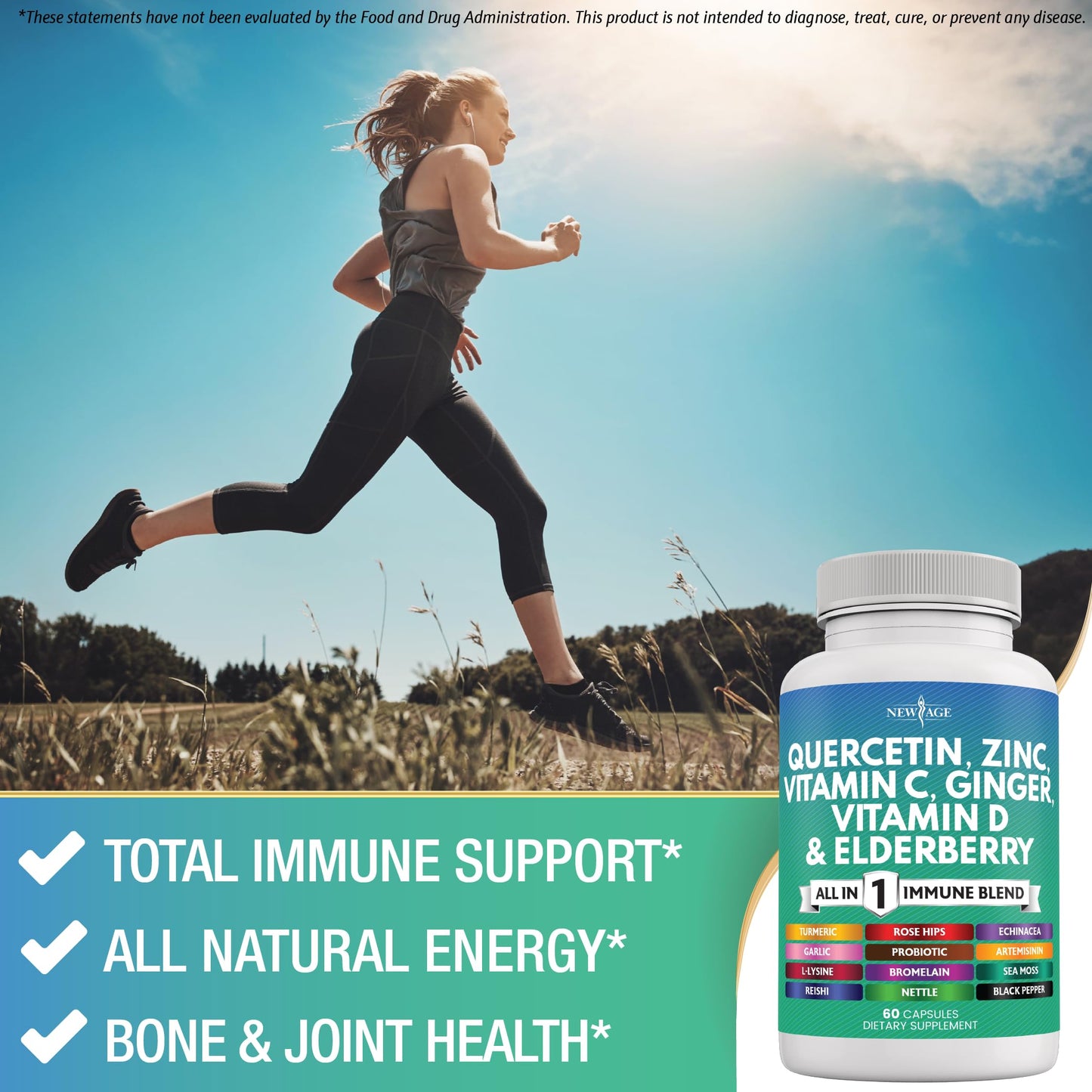 NEW AGE Quercetin Zinc Vitamin C Vitamin D Bromelain Elderberry Nettle Supplement with Artemisinin, Sea Moss, Echinacea Capsule, 60 Count