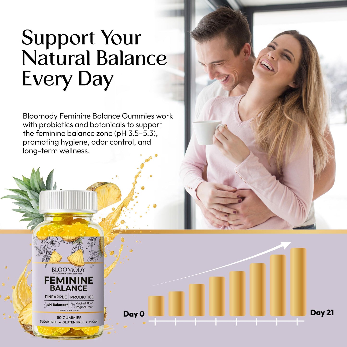 Bloomody Probiotic Feminine Balance Gummies for Women - pH Balance & Vaginal Health Support with Cranberry Vitamin C, Natural Pineapple Flavor, 60 Gummies
