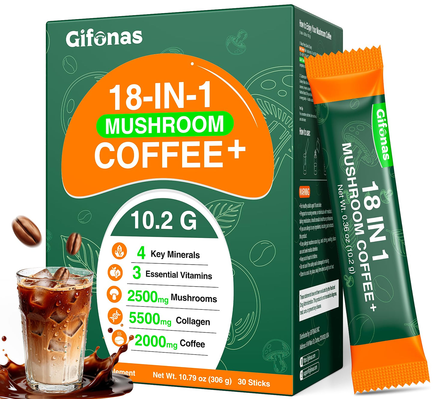 gifonas Mushroom Coffee with Collagen, Vitamins & Minerals, 6 Adaptogenic Mushrooms - Lion’s Mane, Reishi, Chaga & More Powder, 10.79 oz